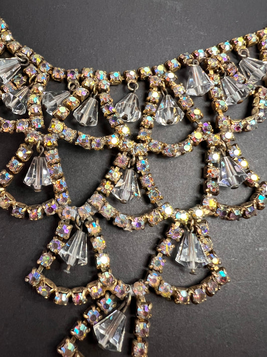 Vintage AB Rhinestone Bib Necklace Clear Glass Dangles Gold Tone