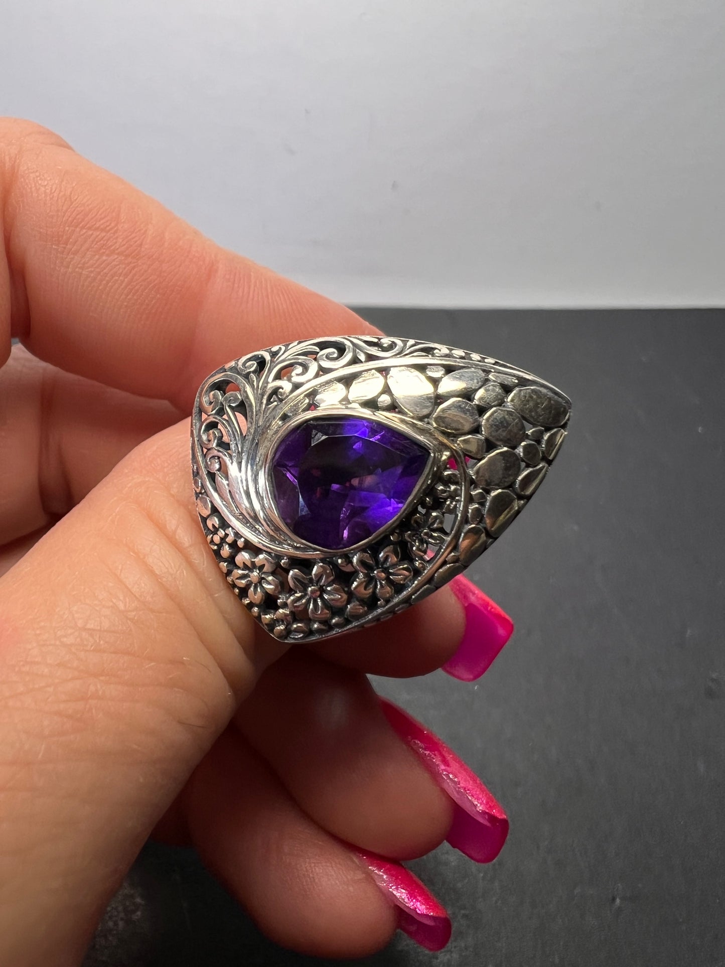 African amethyst planchette teardrop style sterling silver floral ring size 9