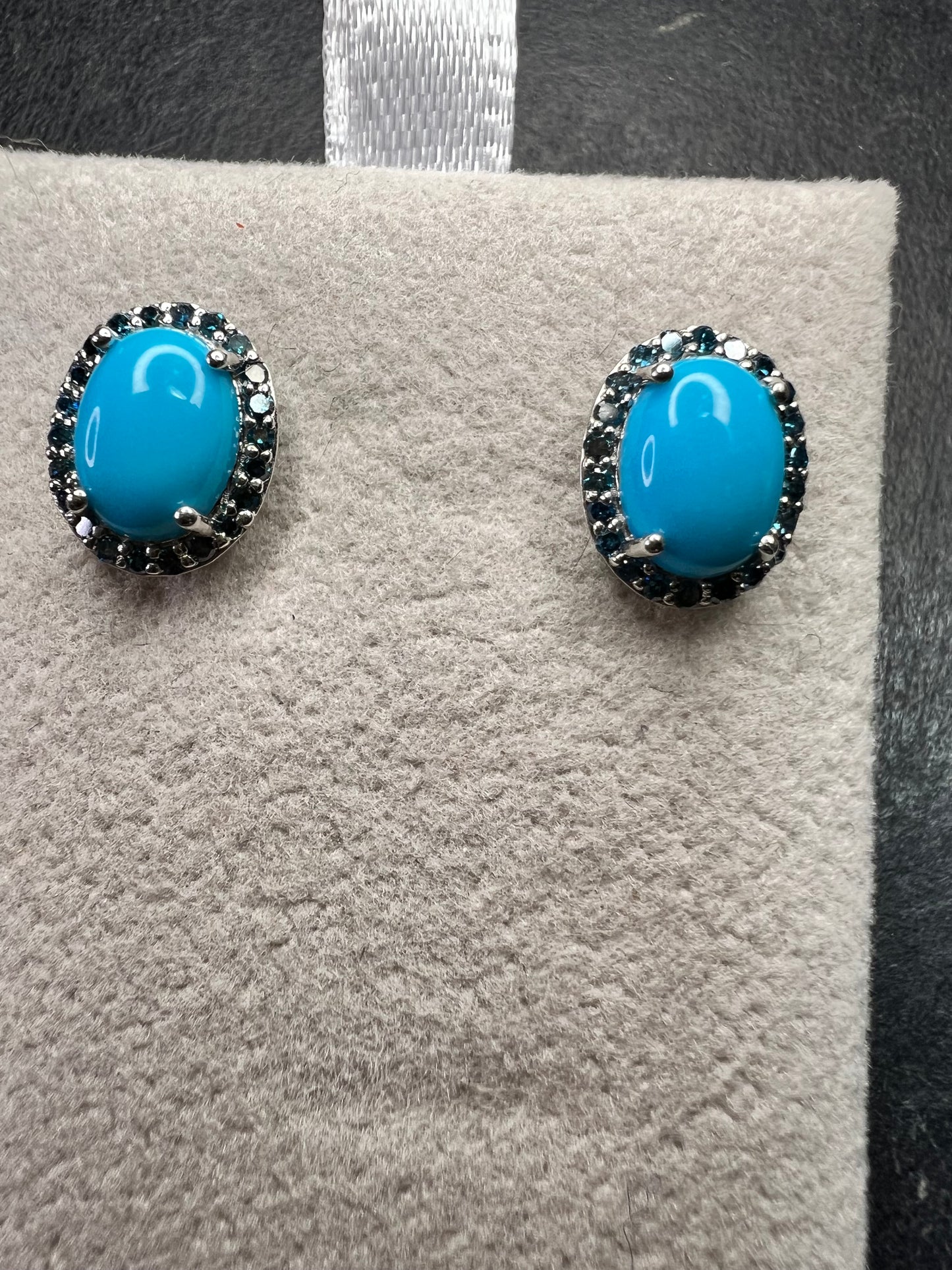 Turquoise & Blue Diamond Sterling Silver Halo Stud Earrings 925 Oval