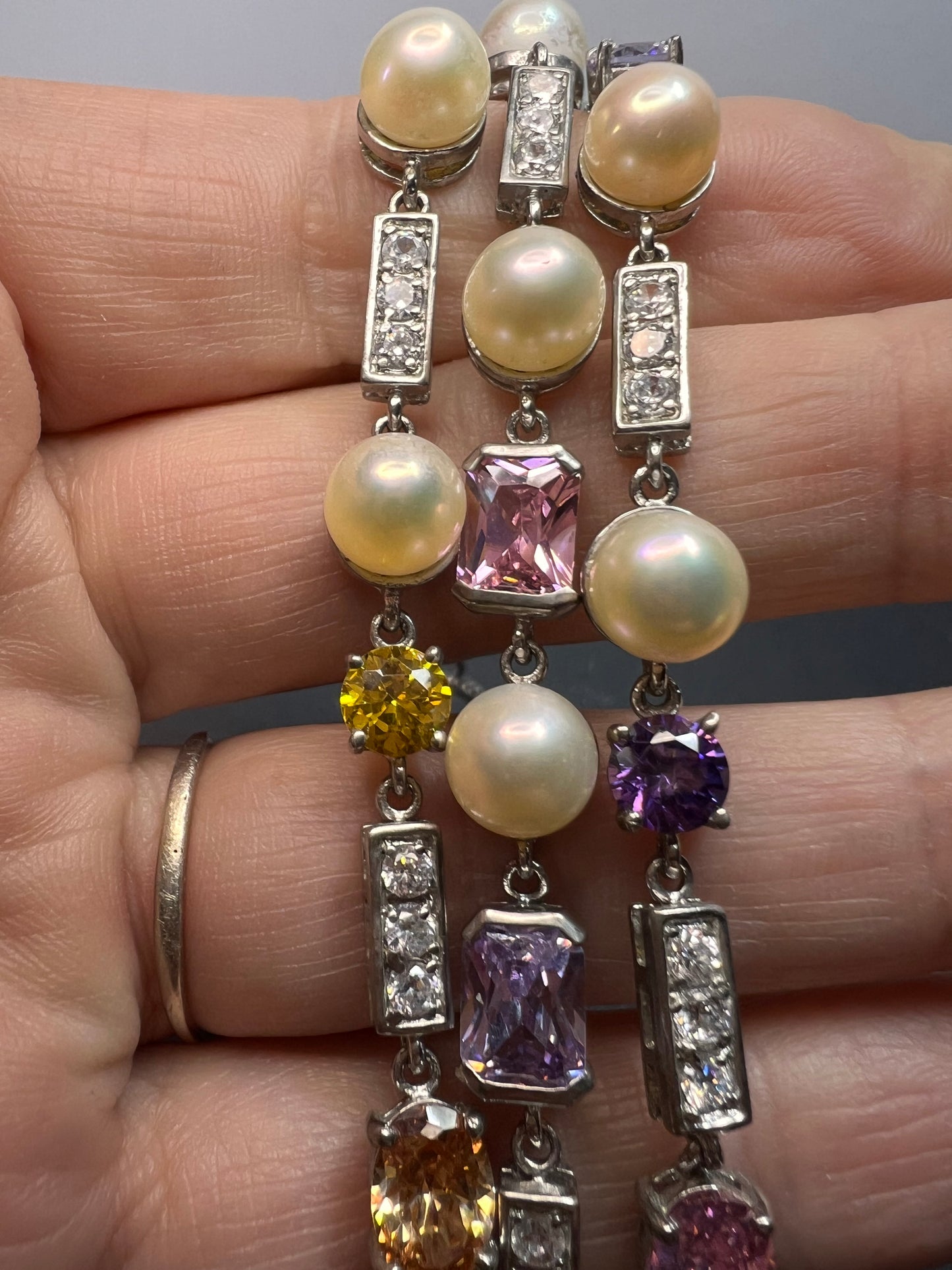 Multi color CZ and cultured pearl sterling silver toggle bracelet