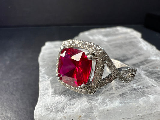 Sterling Silver Lab Ruby Halo Ring Size 7 DHJ 925