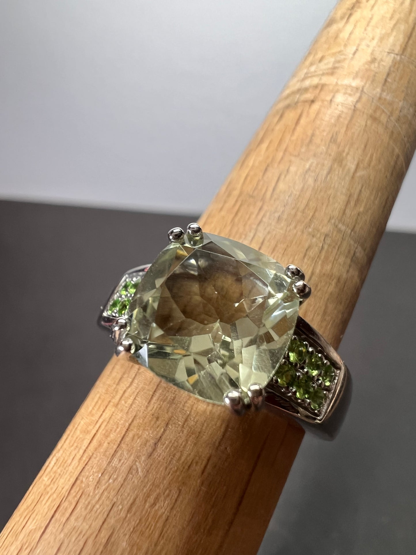 Green Prasiolite and tsavorite green garnet Rhodium Over Sterling Silver Ring 3.28ctw size 9