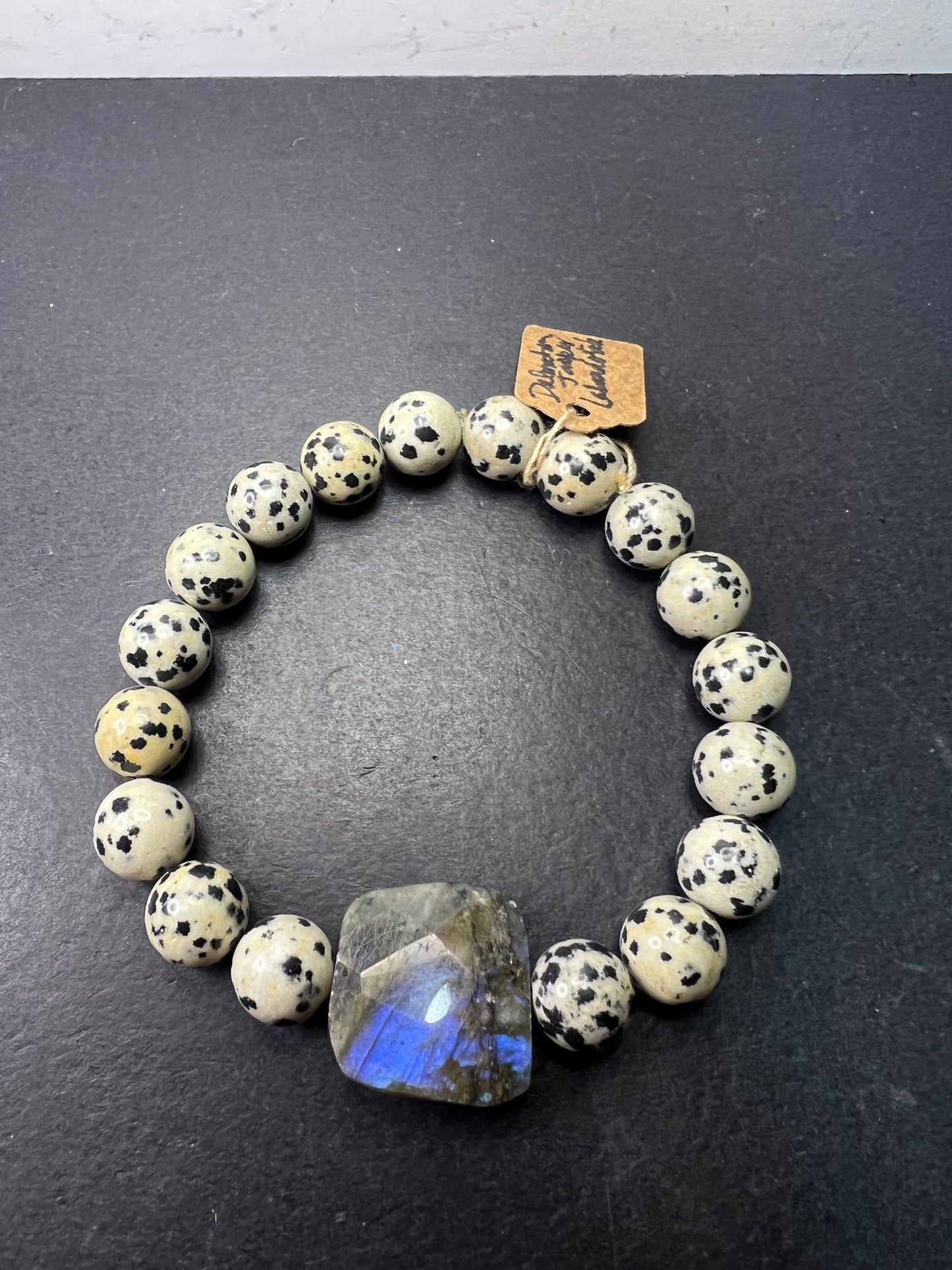 Dalmatian jasper and labradorite stretch bracelet 8 inch