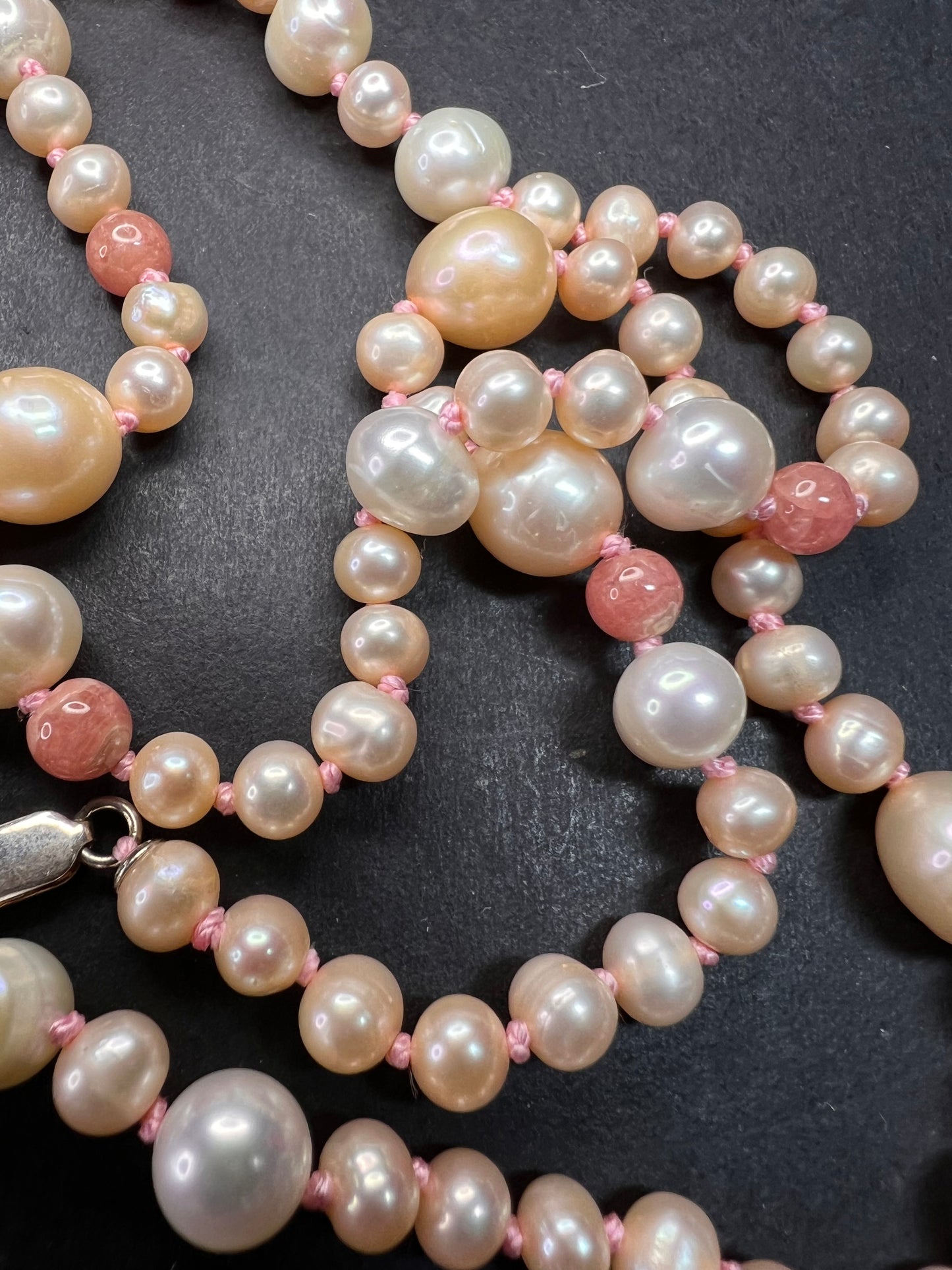 NEW freshwater pearl, rhodochrosite and morganite necklace with sterling silver clasp