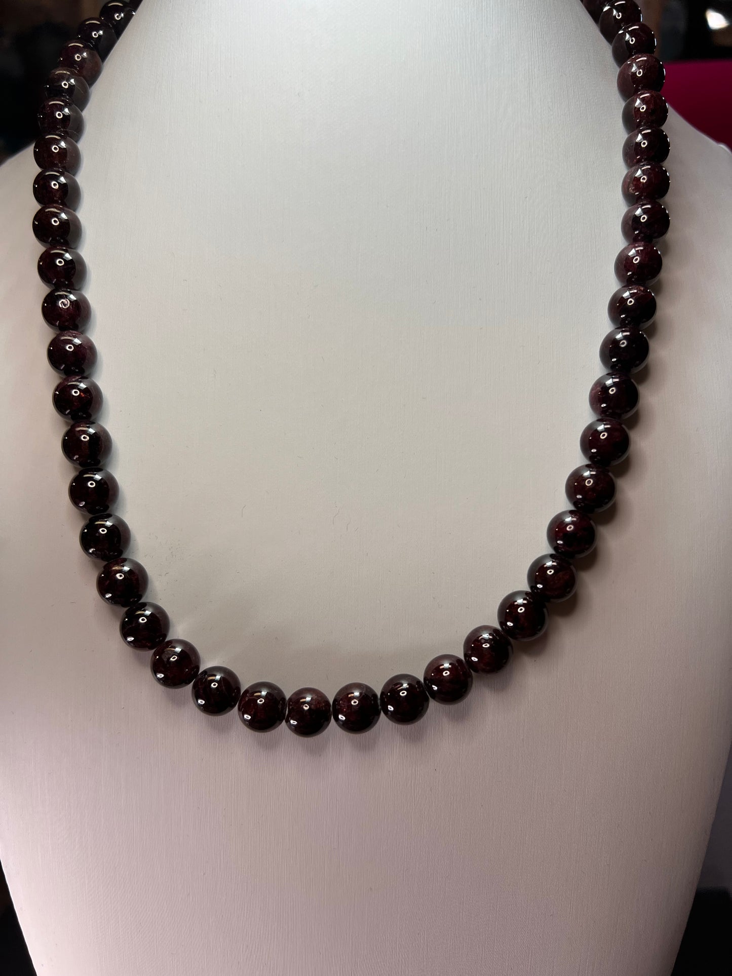 Garnet beaded necklace with sterling silver clasp