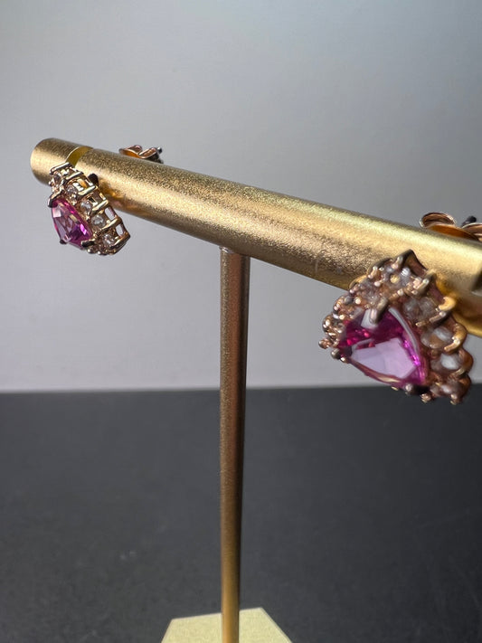 Pink topaz and zircon halo stud earrings in 18k rose gold over sterling silver