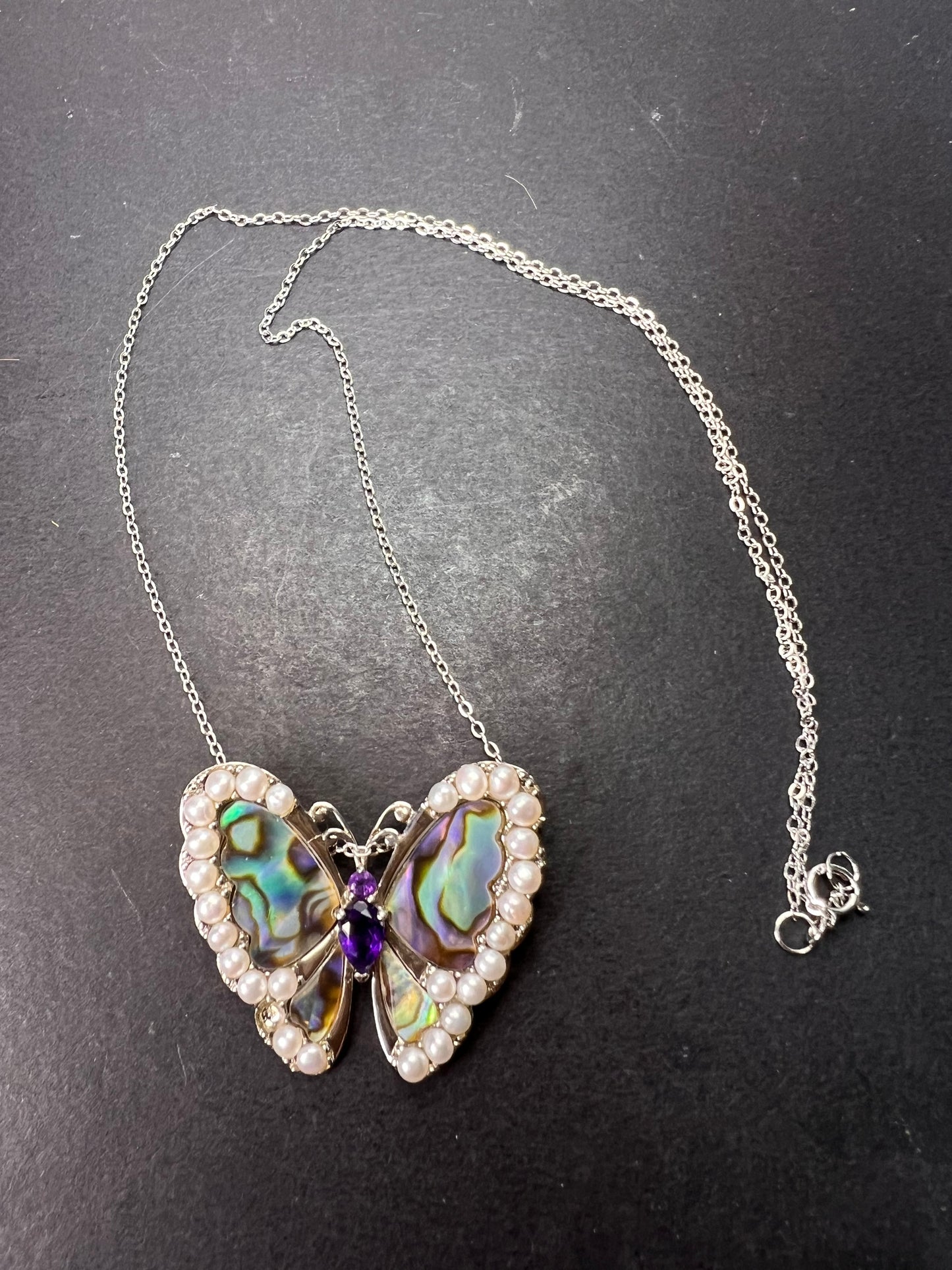 Abalone, amethyst and pearl butterfly sterling silver necklace