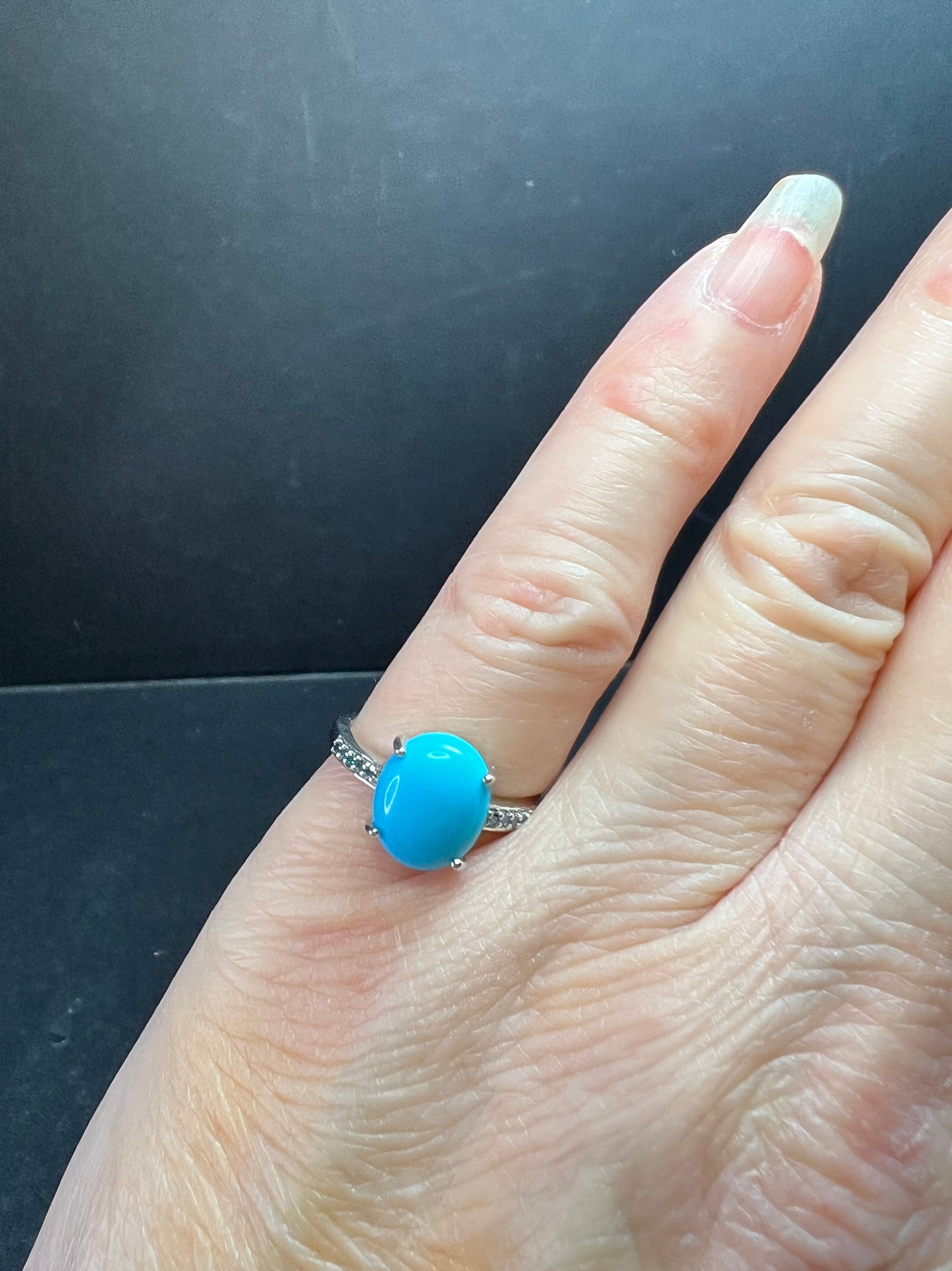 Sterling Silver Turquoise Ring with Blue Diamond Accents Size 6