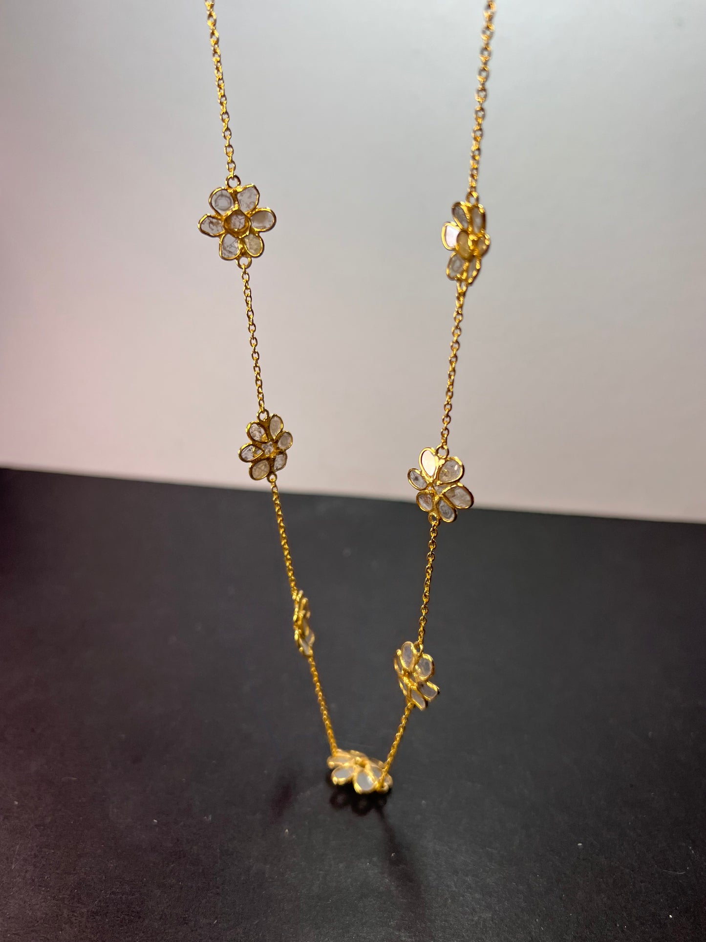 Polki diamond flowers station necklace in vermeil yellow gold over sterling silver