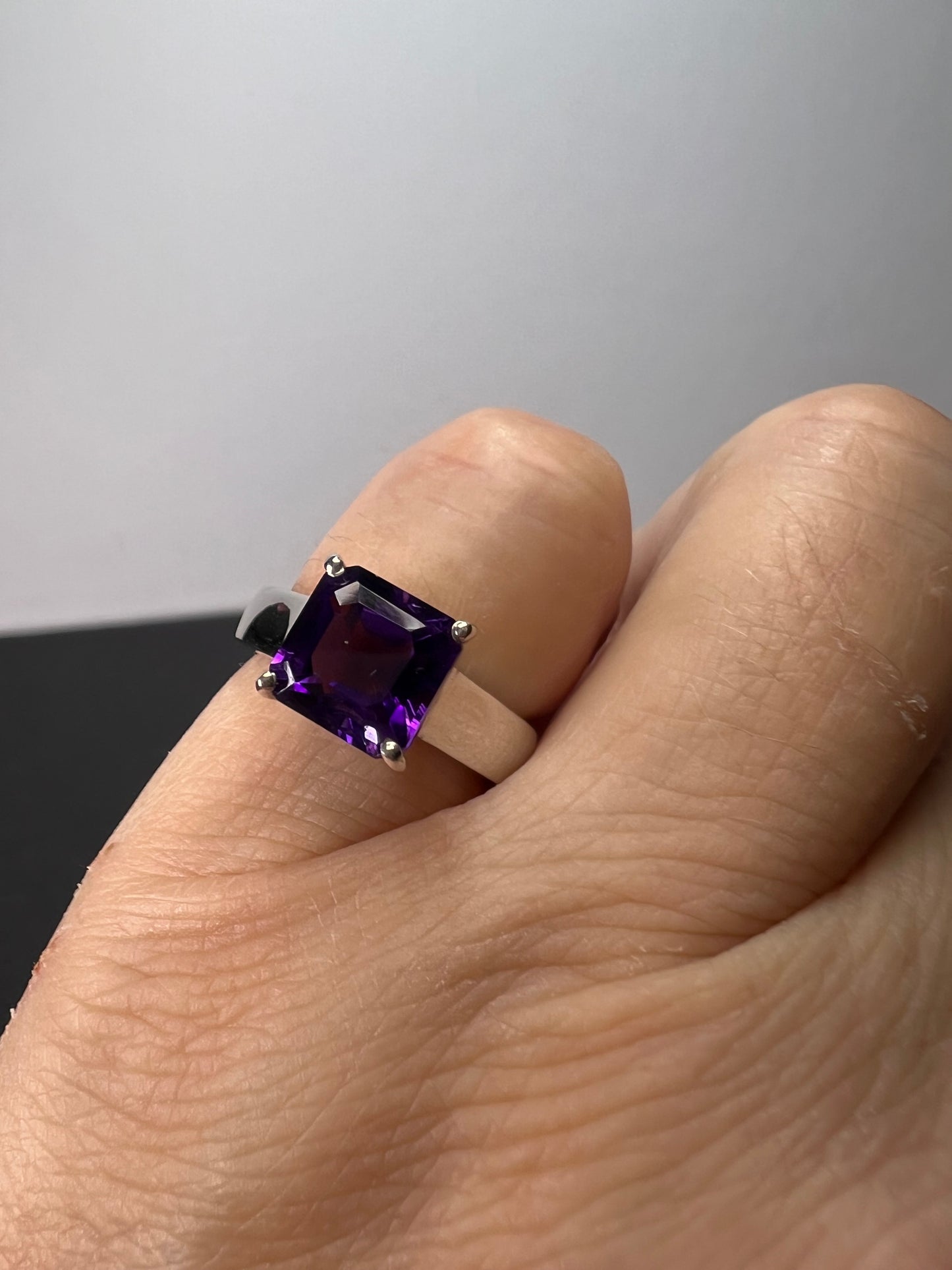 Asscher cut Moroccan amethyst solitaire ring in platinum over sterling silver size 5 *NEW*