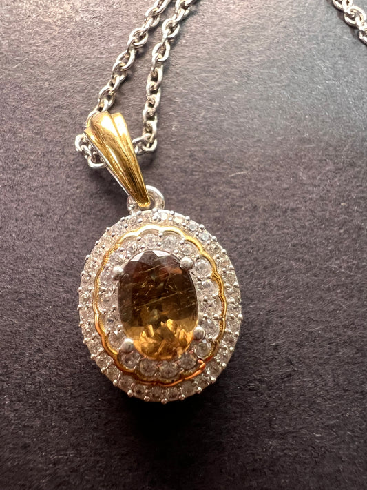 Golden tanzanite and zircon double halo two toned sterling silver pendant and chain necklace