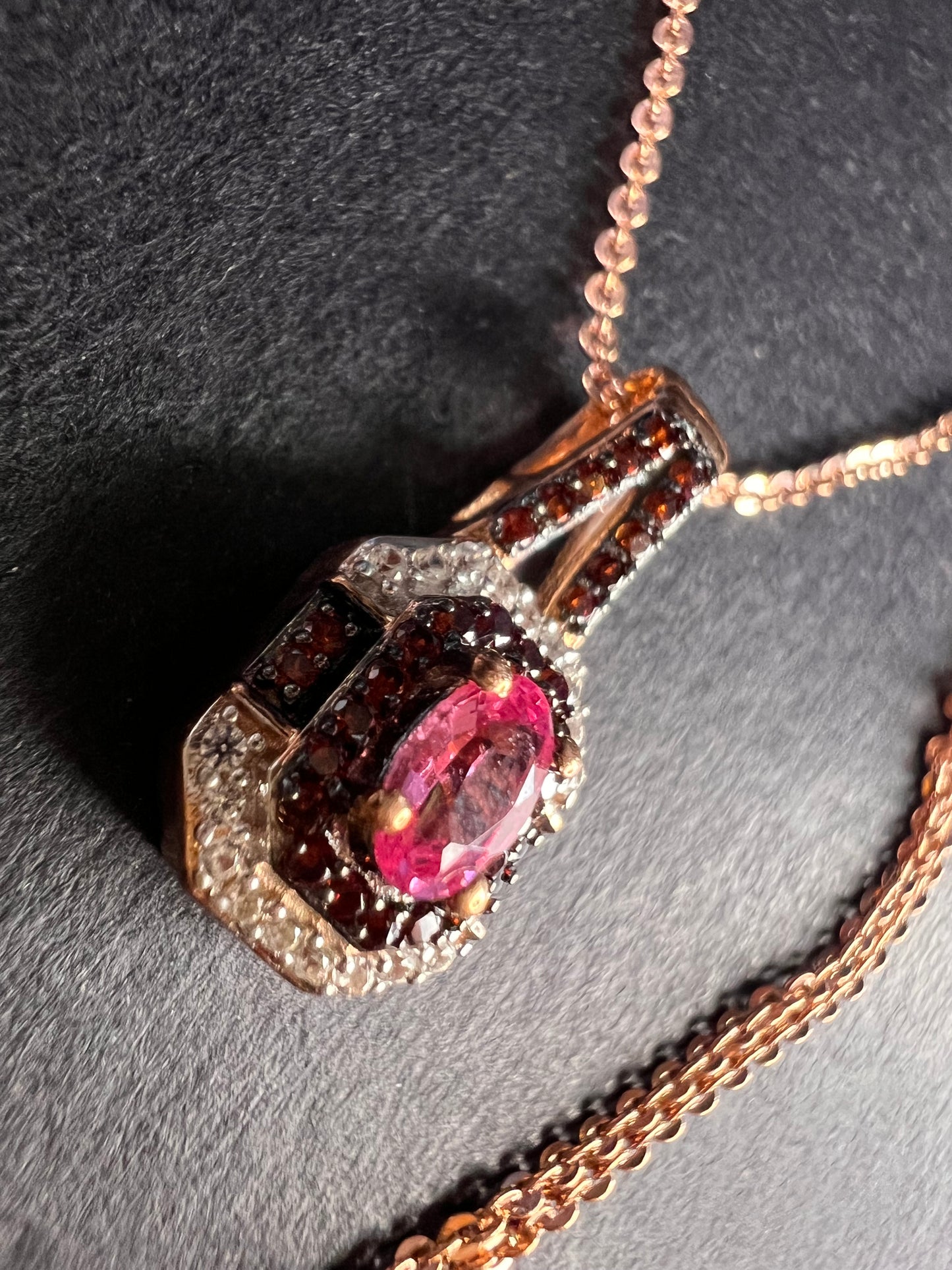 NEW Mahenge pink spinel and brown zircon art deco style pendant in rose gold over sterling silver