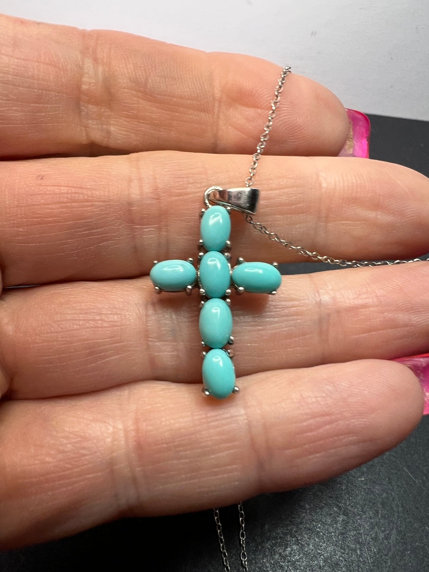 Sleeping Beauty turquoise cross pendant and chain  in rhodium over sterling silver necklace