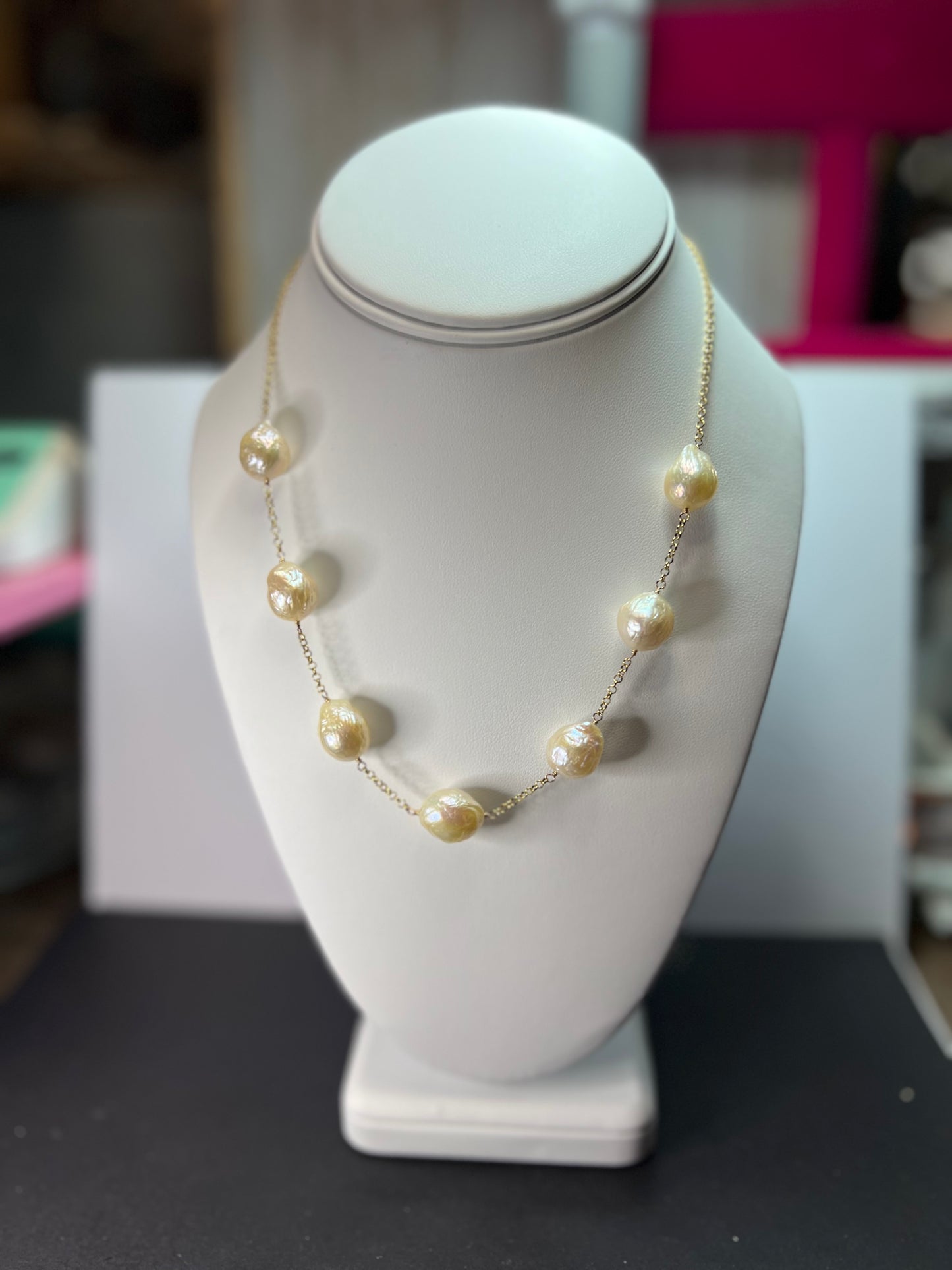 13-15mm baroque pearl station necklace in gold over sterling silver