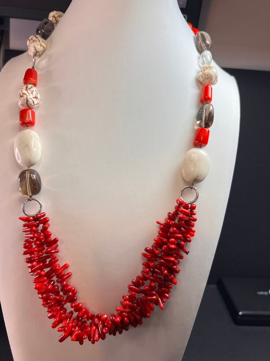 NEW Bamboo coral multi stone sterling silver necklace