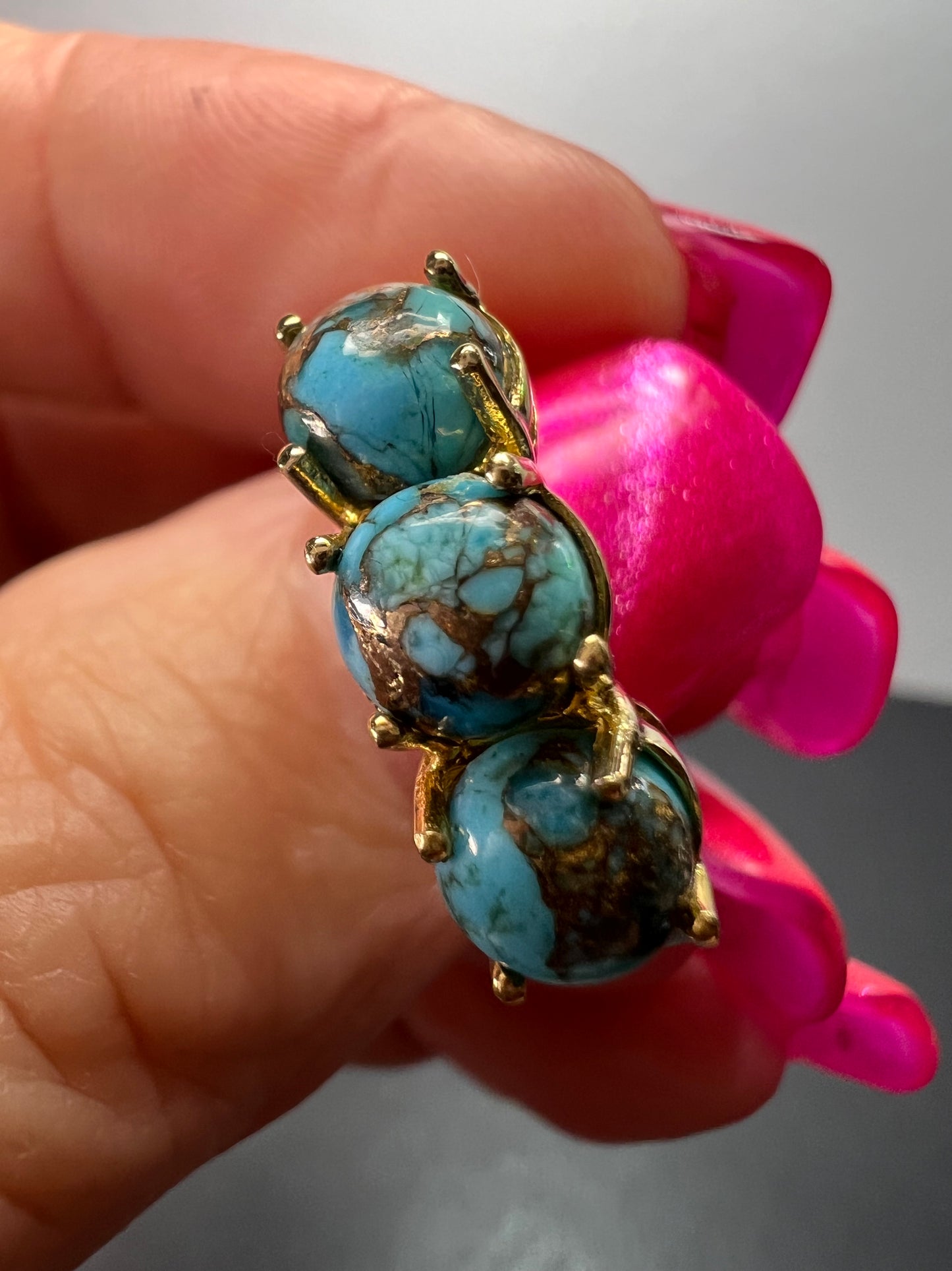 Blue composite turquoise trilogy ring in gold over sterling silver size 9