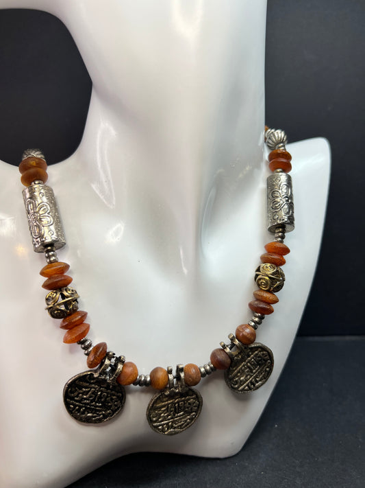 Vintage Berber Amber Resin Coin Necklace Tribal North African Style