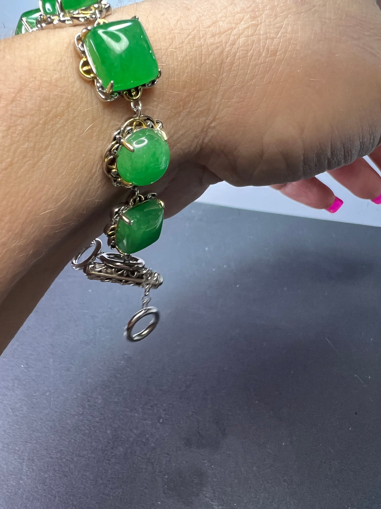 Green Jade two toned sterling silver toggle bracelet