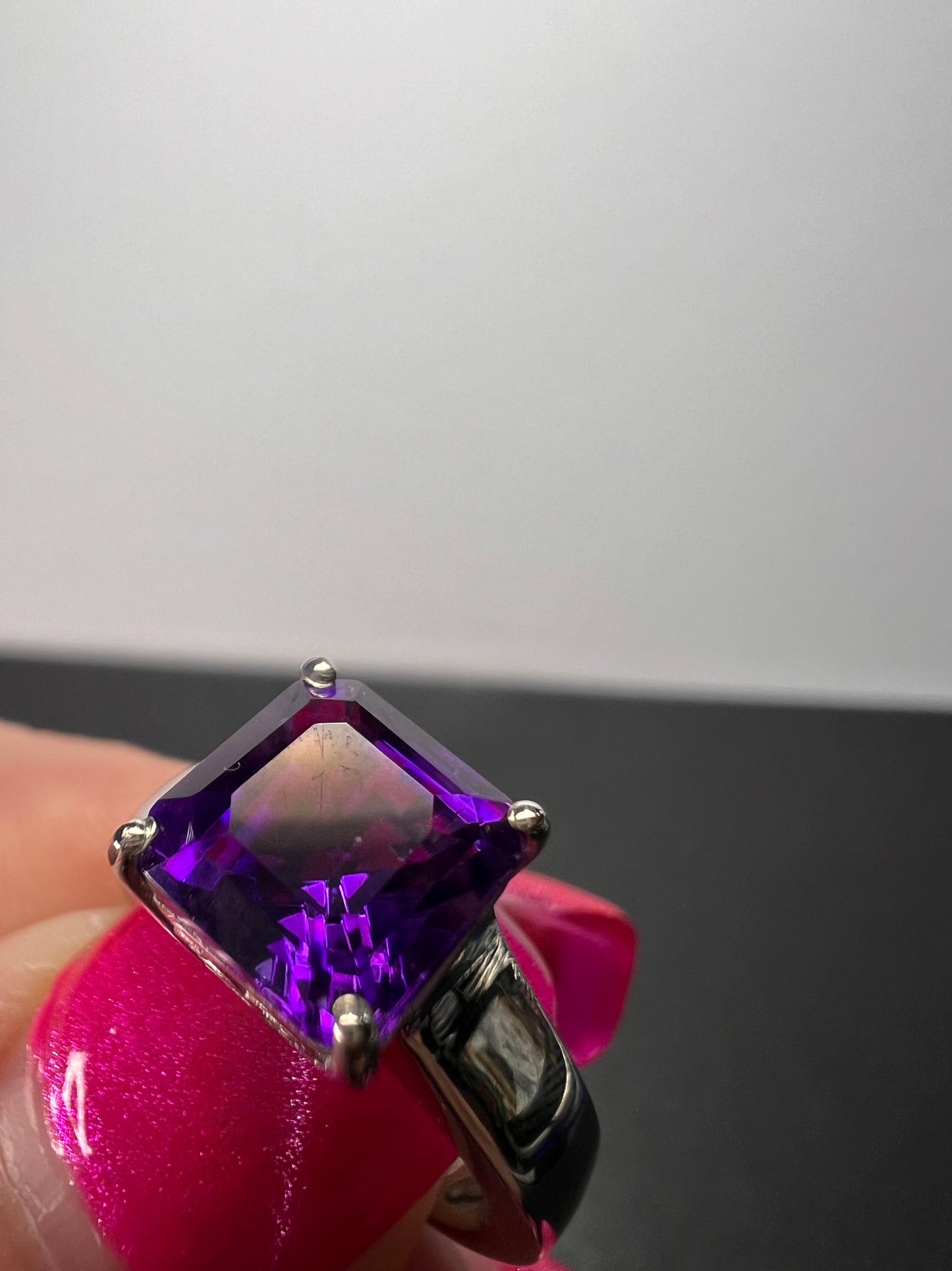 Asscher cut Moroccan amethyst solitaire ring in platinum over sterling silver size 5 *NEW*