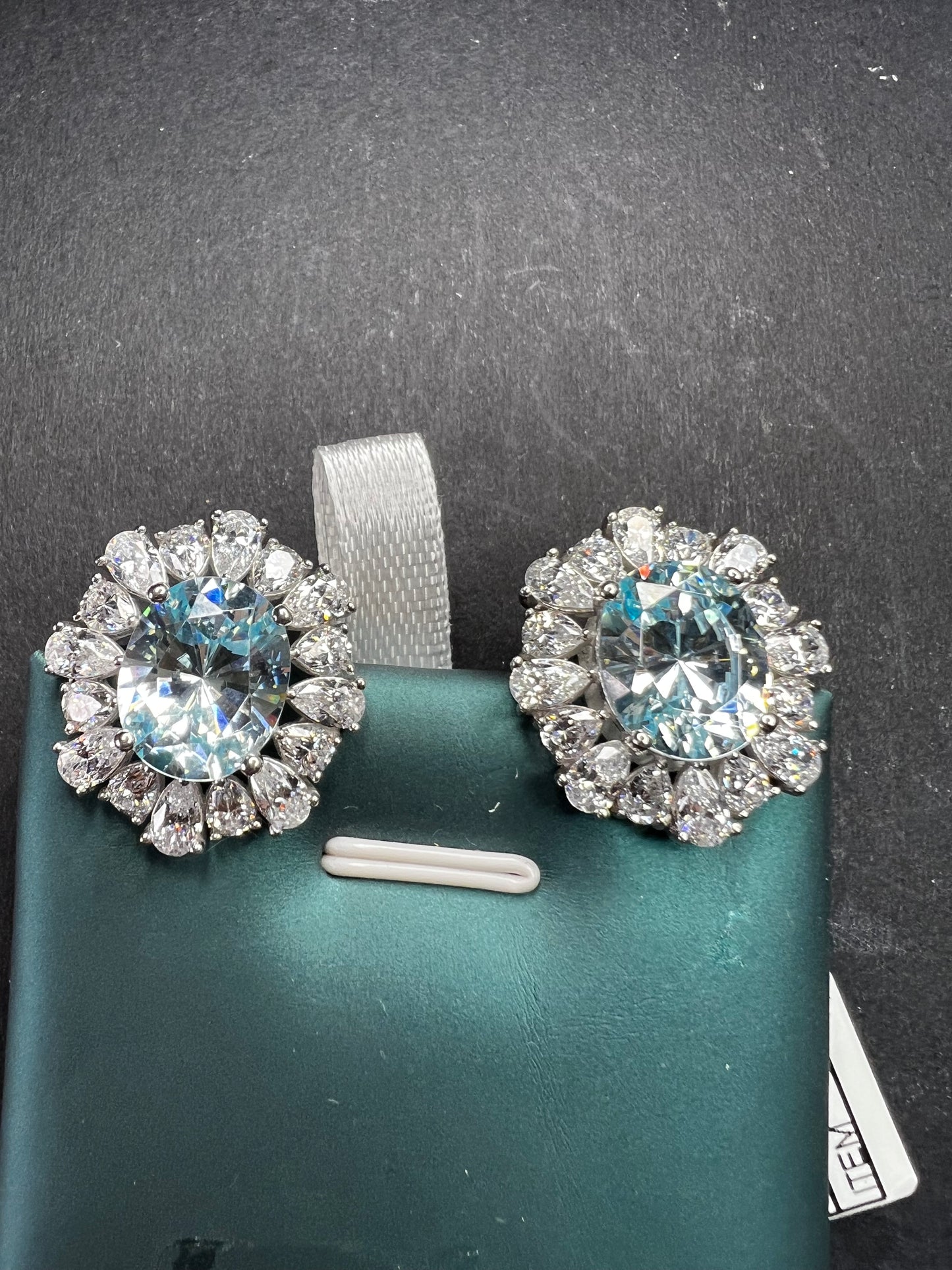 Sterling Silver Aqua CZ Halo Omega Back Earrings New w Tags