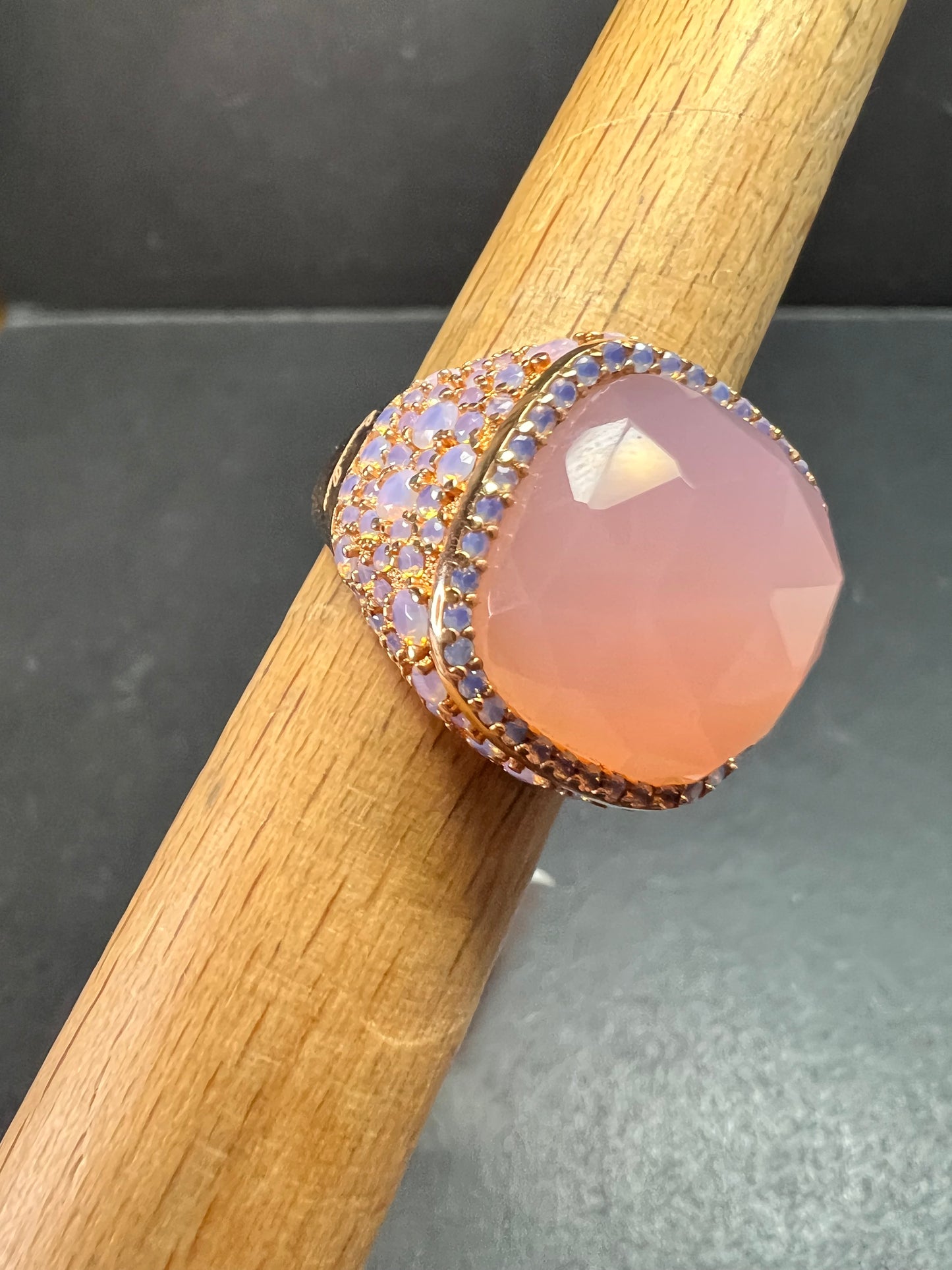 Pink Chalcedony Statement Ring 18K Rose Gold Plated Size 7.5 NWT