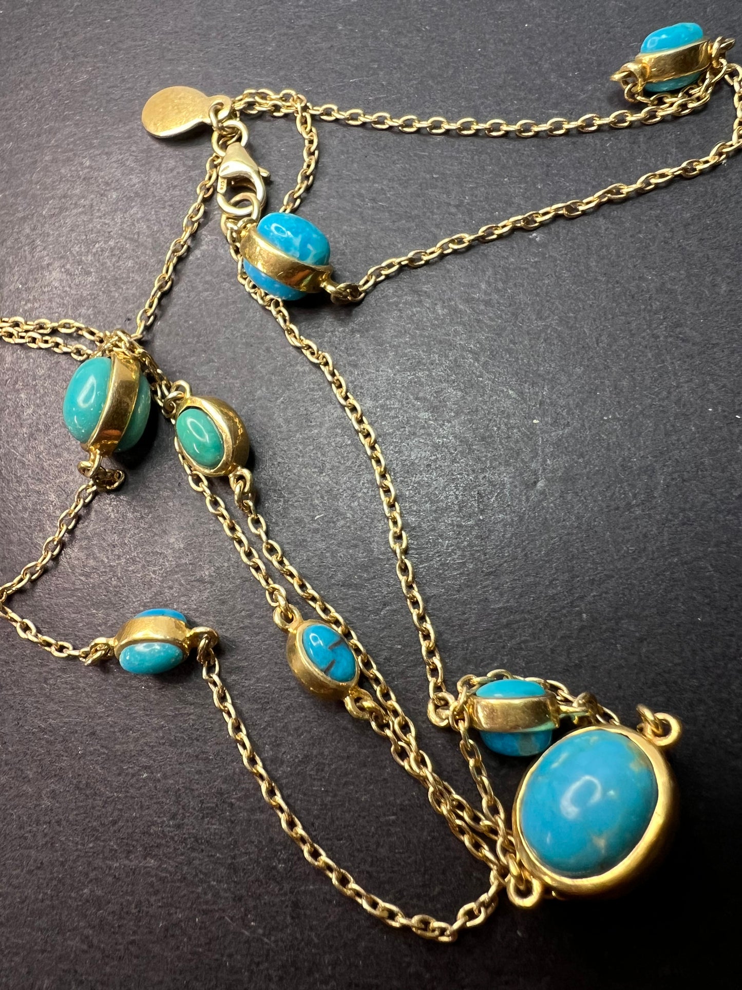 Turquoise 36 inch station necklace in vermeil yellow gold over sterling silver