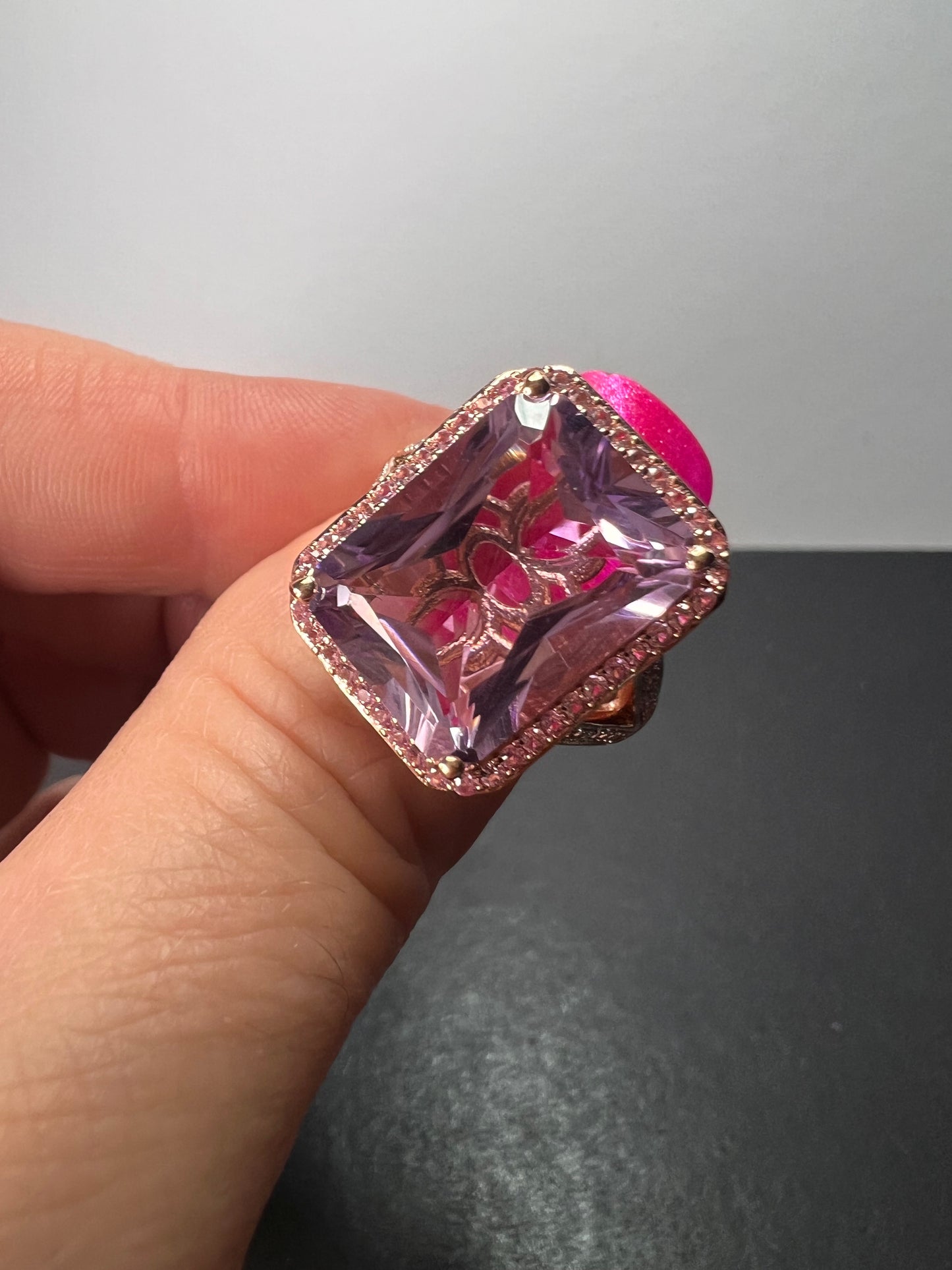 Radiant cut rose de France amethyst and pink sapphire halo ring in rose gold vermeil over sterling silver size 8 *NEW*