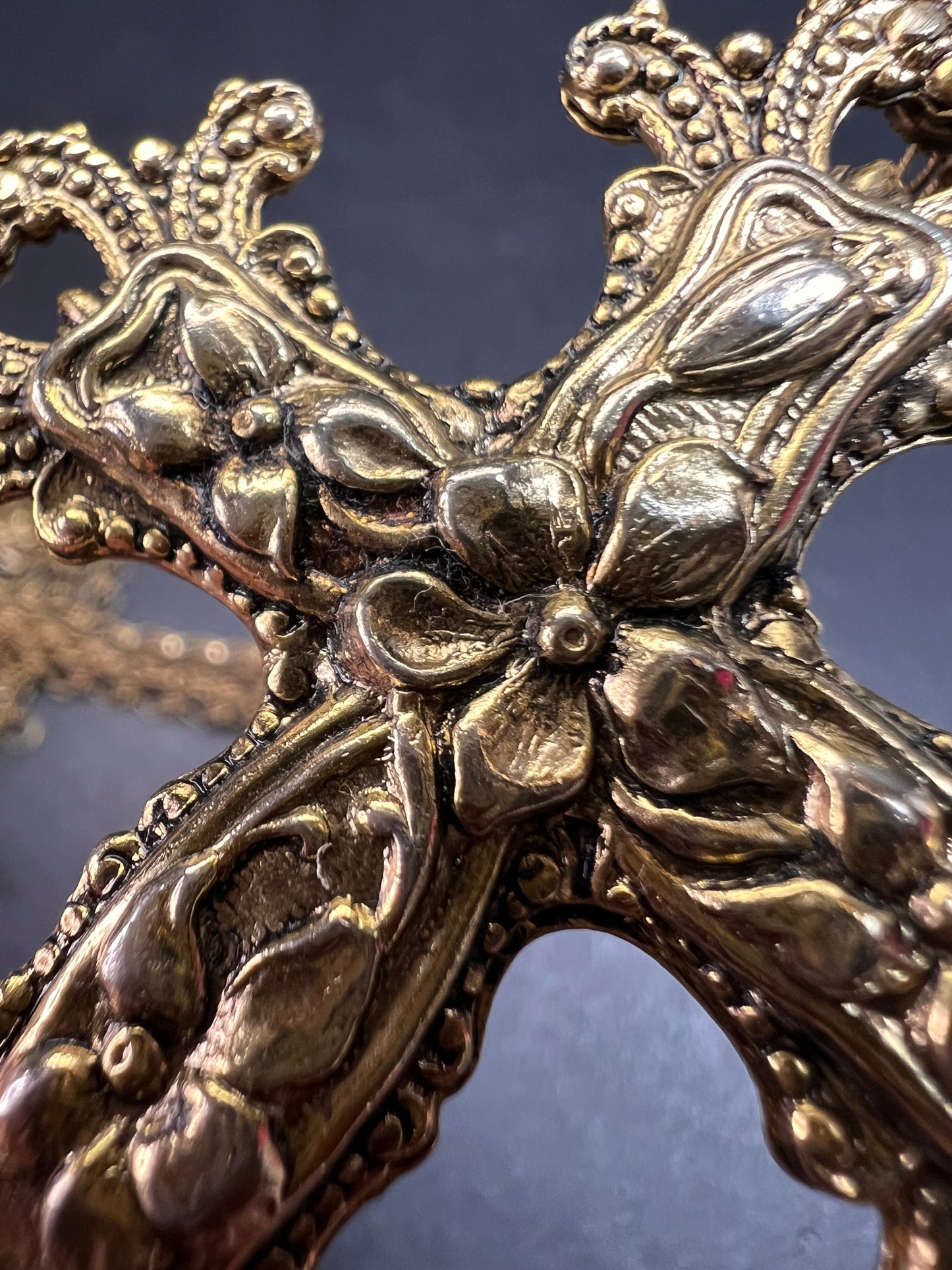 Vintage 1928 Gold Tone Cross Pendant Necklace with Faux Pearls – Long Chain Statement Jewelry