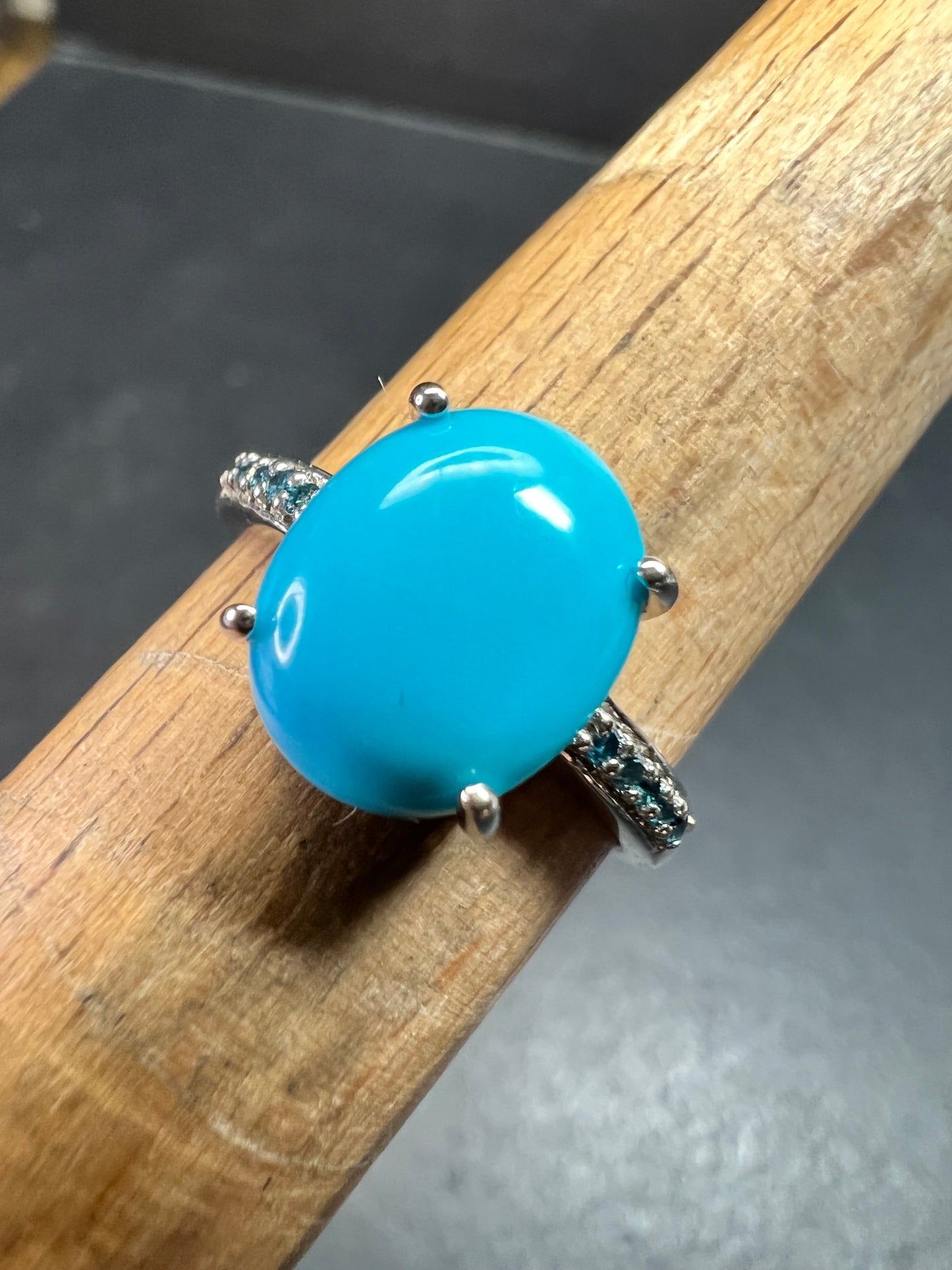 Sterling Silver Turquoise Ring with Blue Diamond Accents Size 6