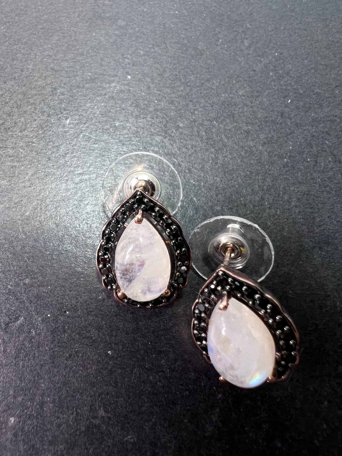 Rainbow moonstone and black spinel tear drop stud halo earrings in rose gold over sterling silver