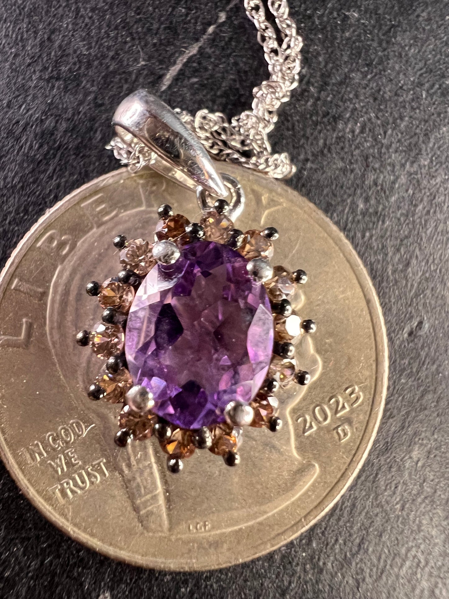 NEW Moroccan rose amethyst and brown zircon halo pendant in sterling silver with vintage chain