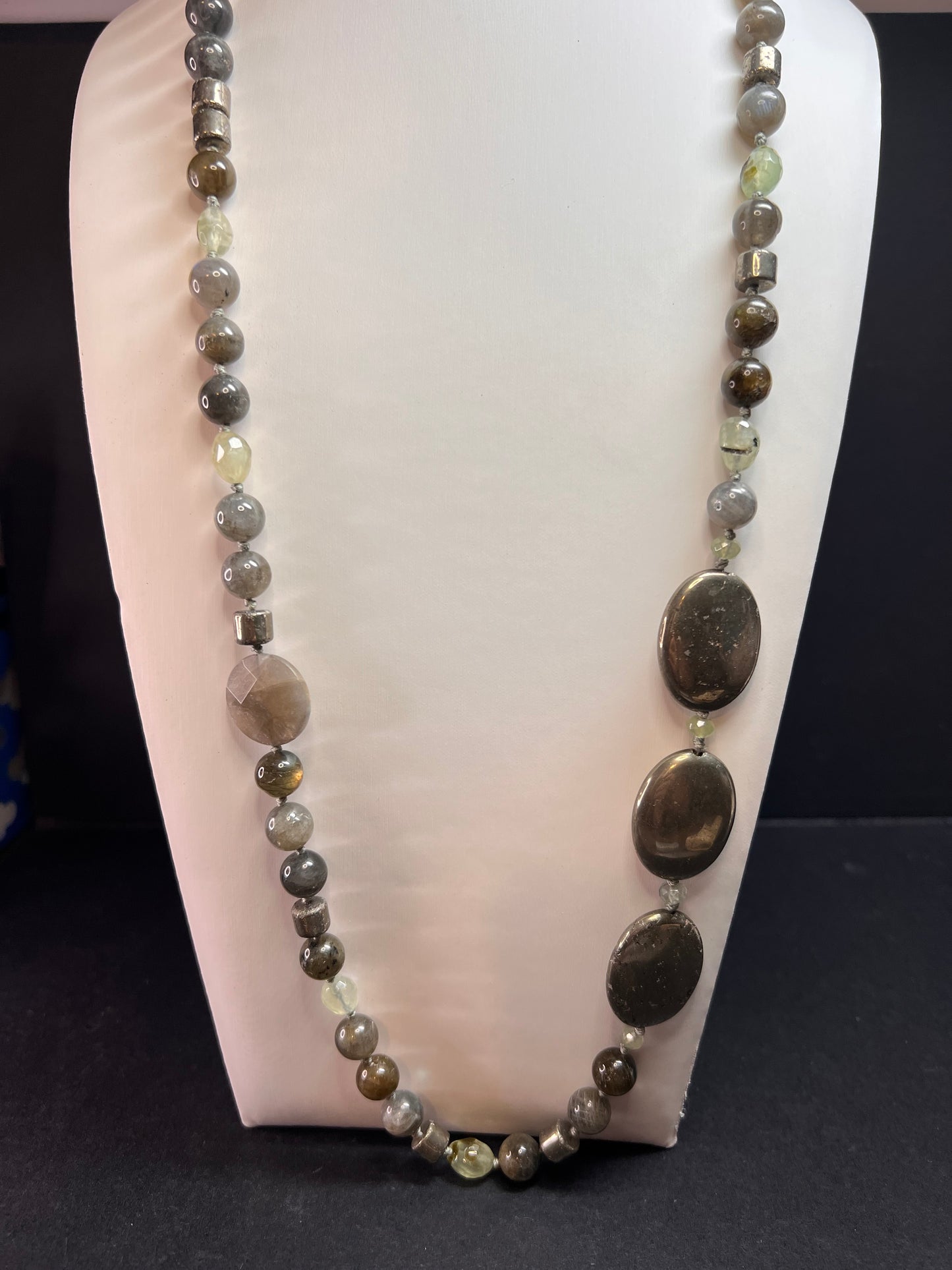 NEW pyrite and labradorite 32 inch necklace with sterling silver clasp