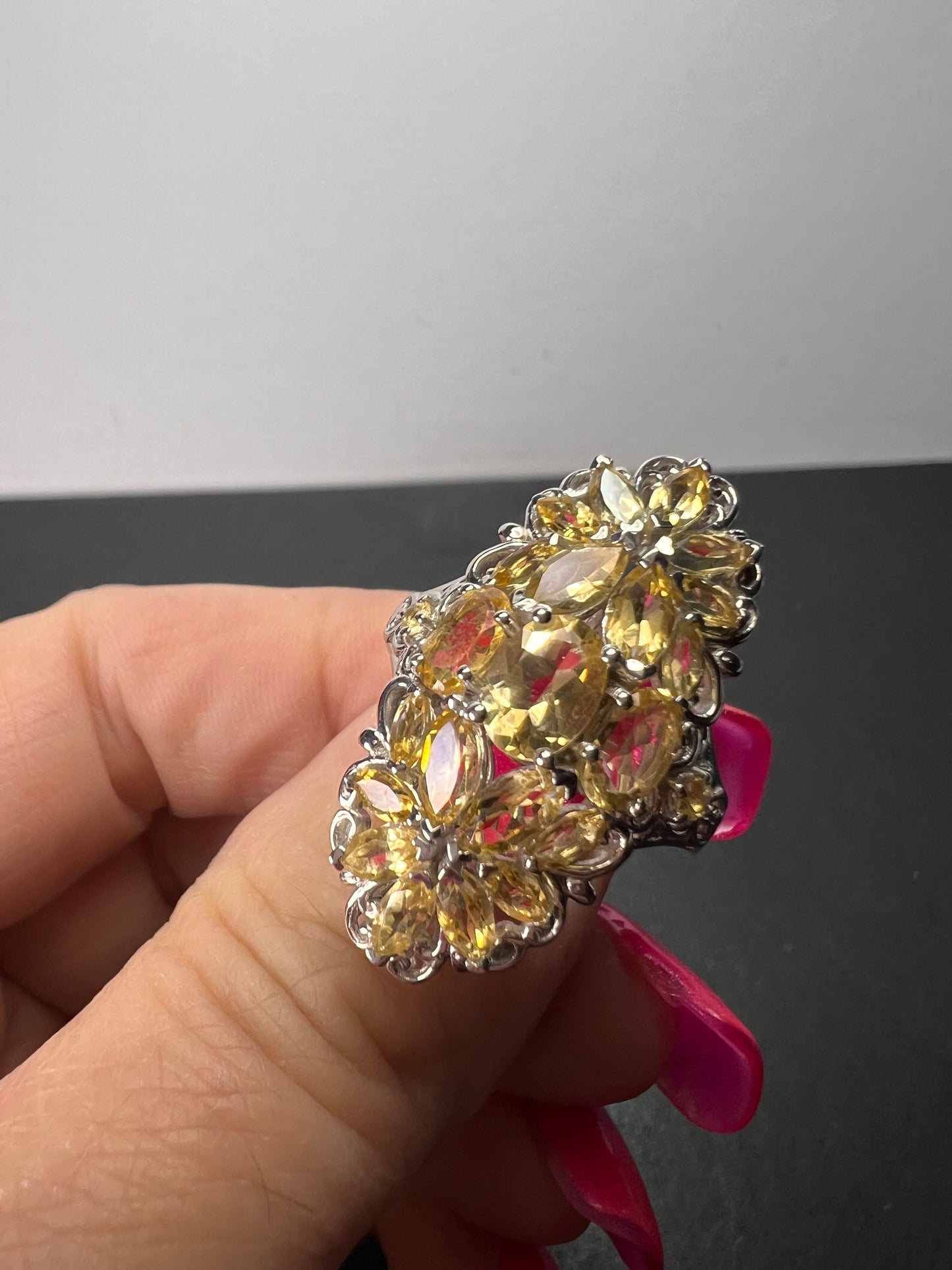 Brazilian citrine floral ring in platinum over sterling silver size 6 *NEW*