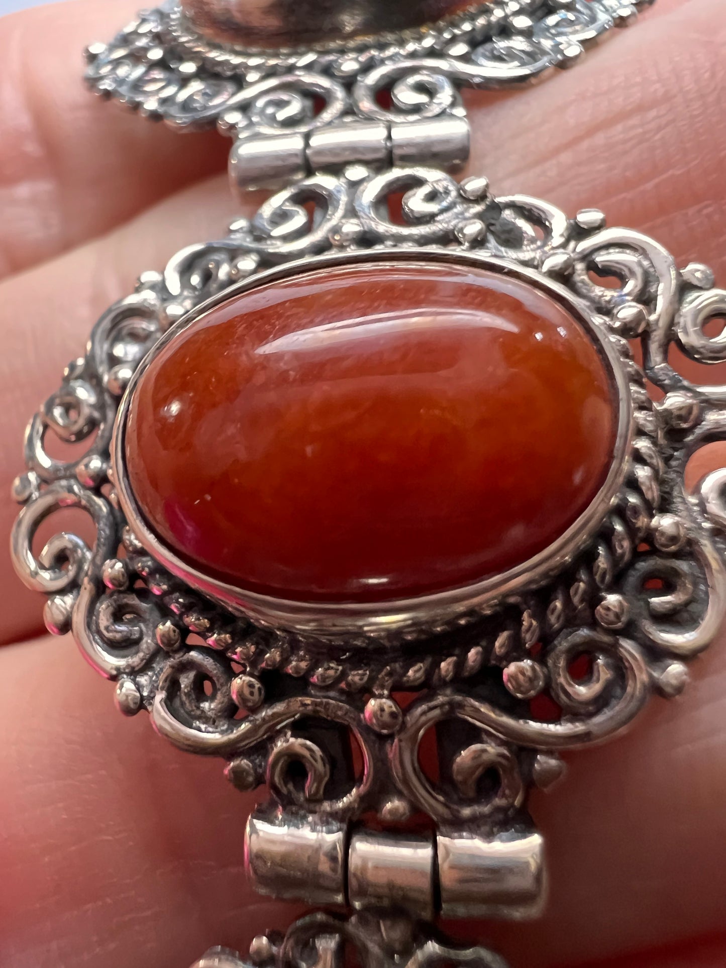 Red orange jade ornate sterling silver toggle bracelet