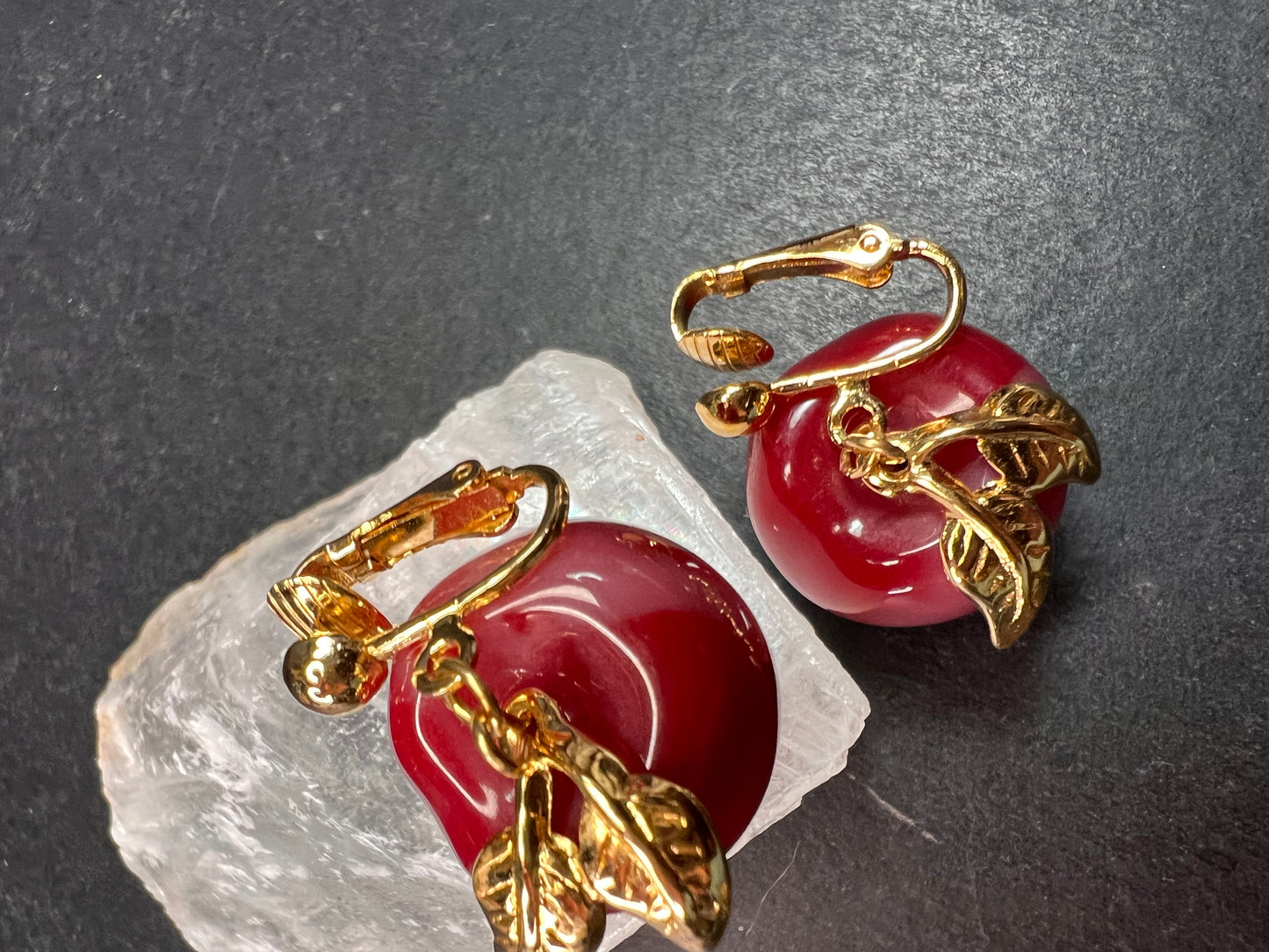 Avon "Apple A Day" Vintage Clip Earrings | Red Lucite Dangle Costume Jewelry