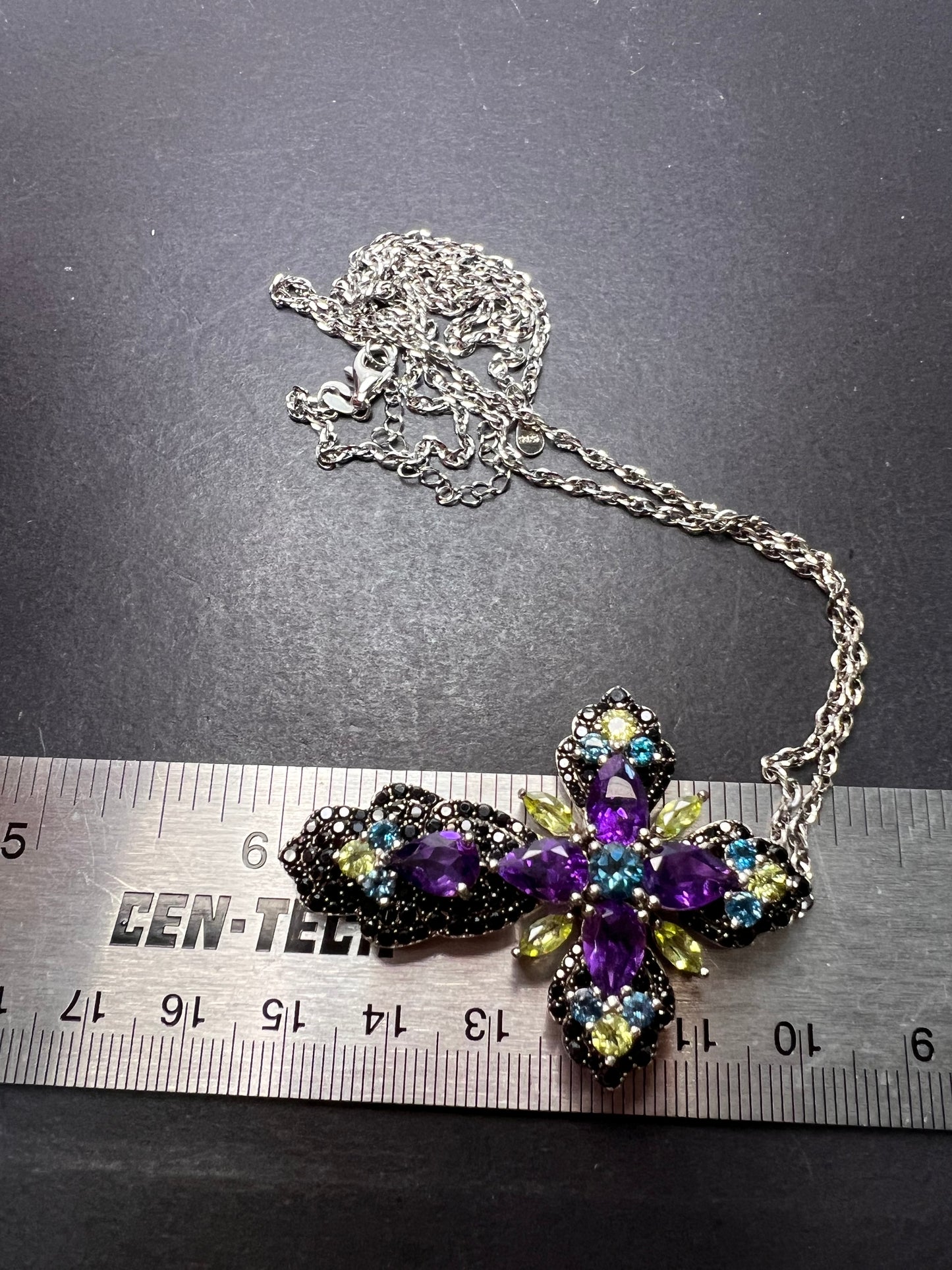 Multi-Gem Rhodium Over Sterling Silver Cross Pendant With Chain 10.95ctw