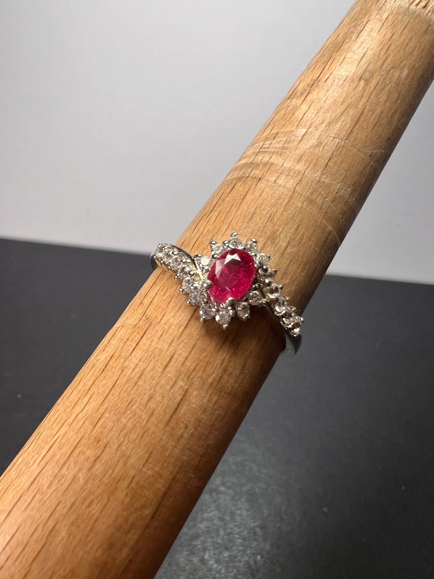 Mozambique ruby and zircon sunburst ring in platinum over sterling silver size 8 *NEW*