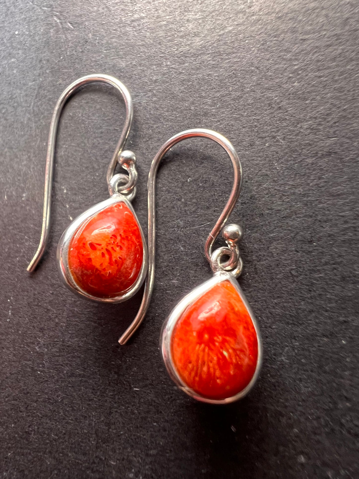 Red sponge coral sterling silver teardrop earrings