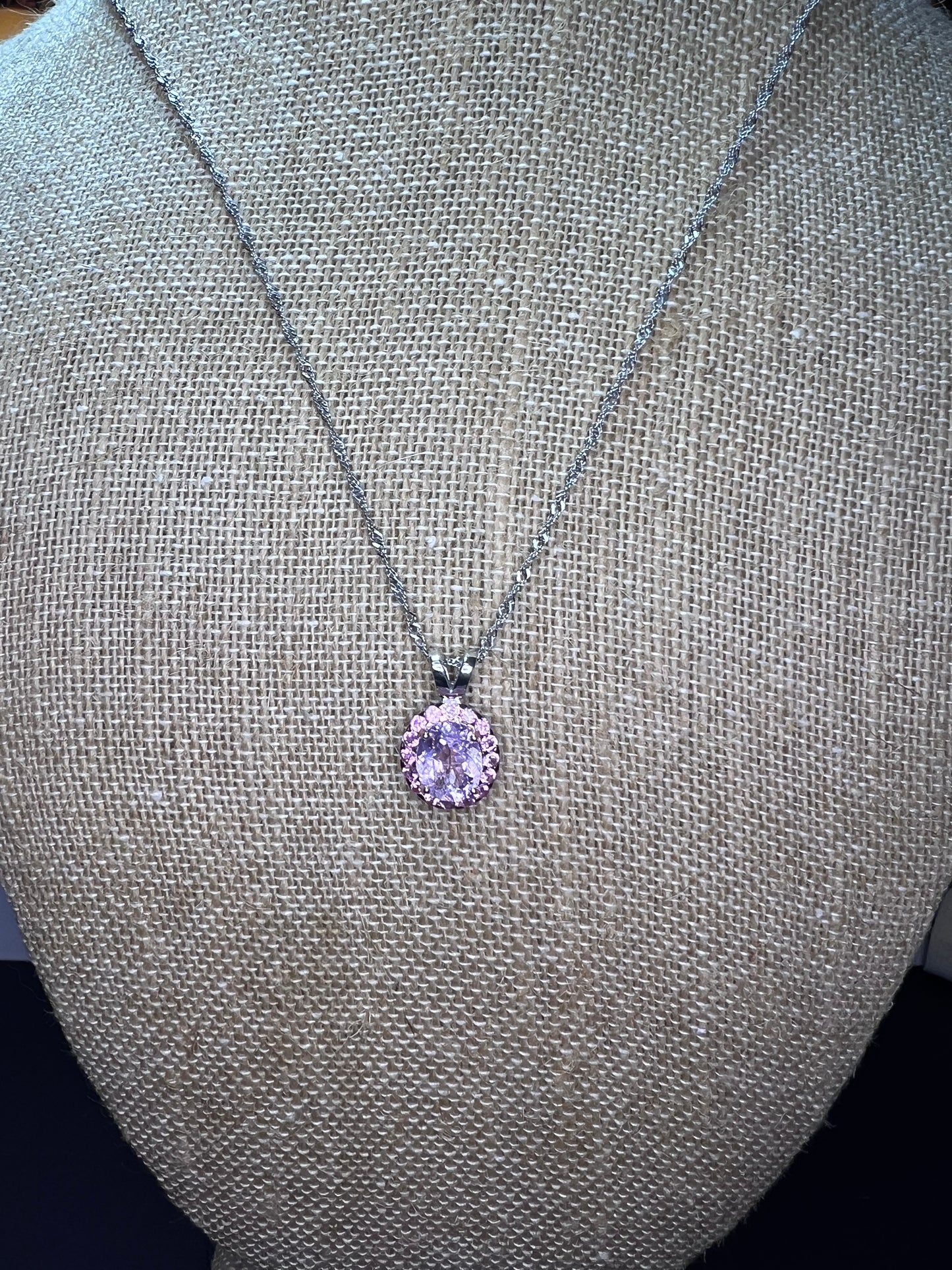 Kunzite and pink sapphire halo pendant necklace in sterling silver