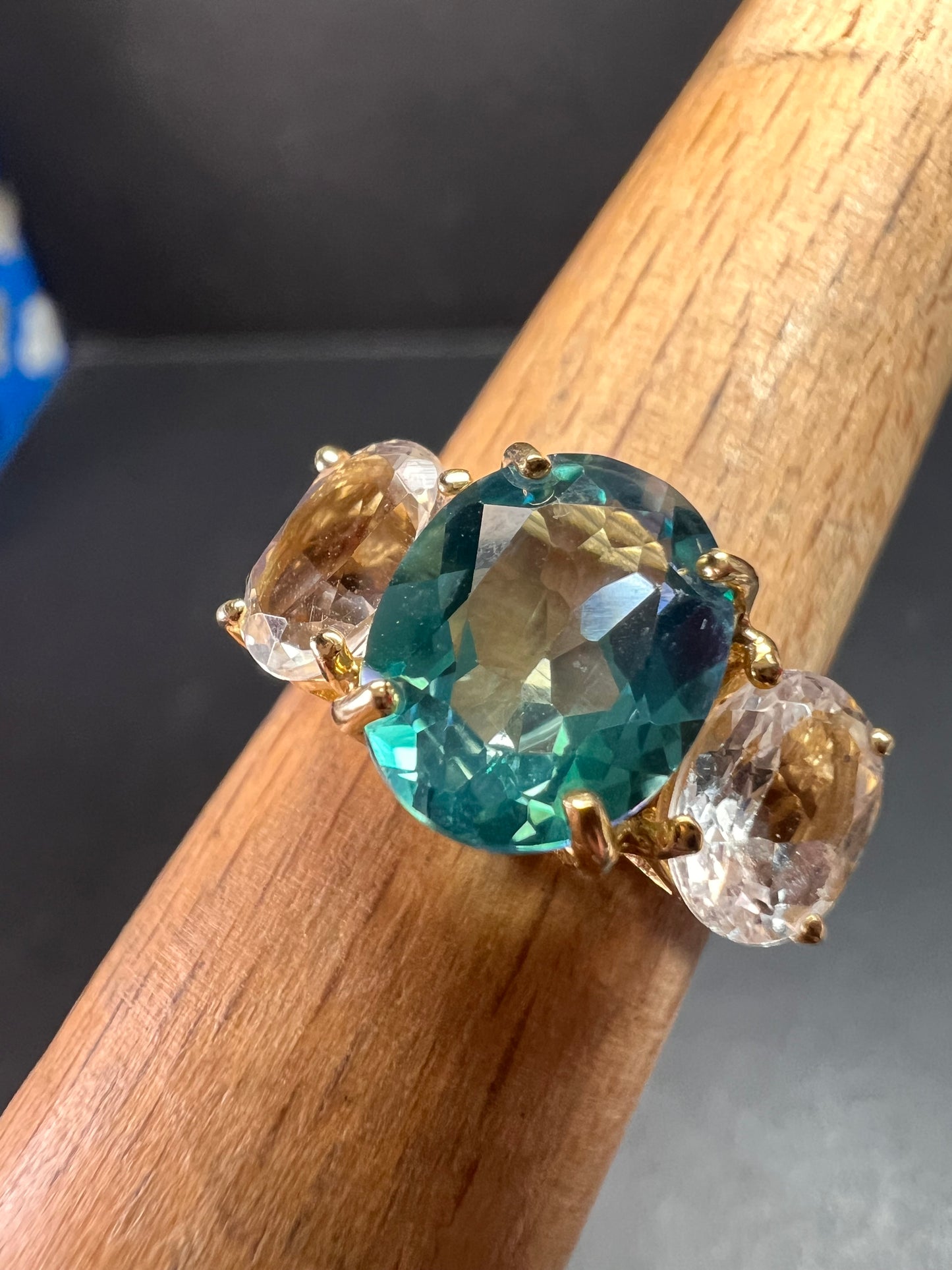 Vintage 10K Yellow Gold Blue Topaz & White Topaz Three-Stone Ring – Size 7