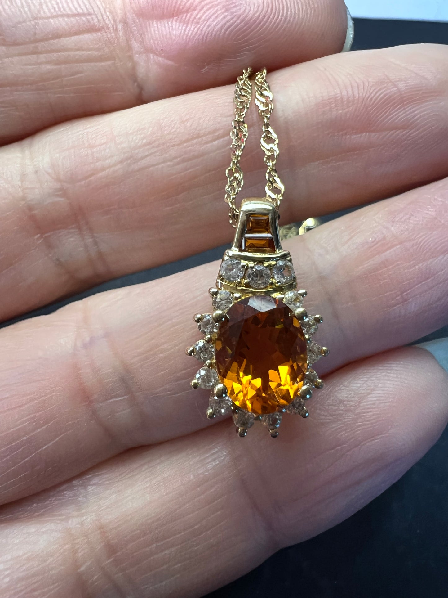 Mandarin citrine and white topaz halo pendant necklace in 14k gold over sterling silver