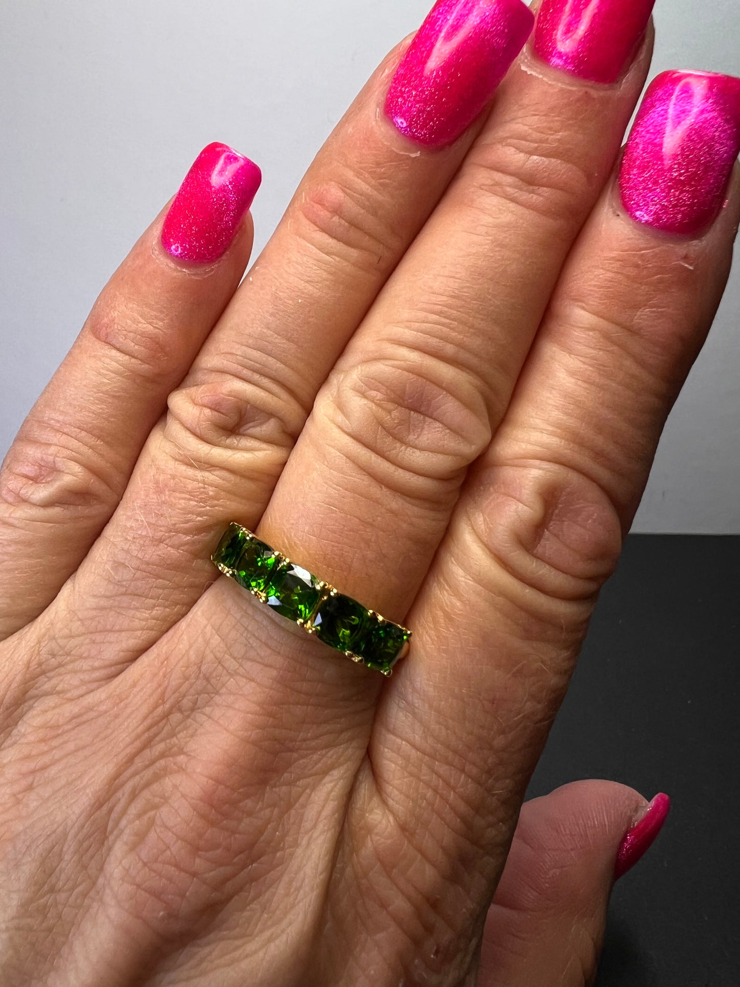 Natural Chrome Diopside 5 Stone Band Ring in Vermeil Yellow Gold Sterling Silver 3.00 ctw