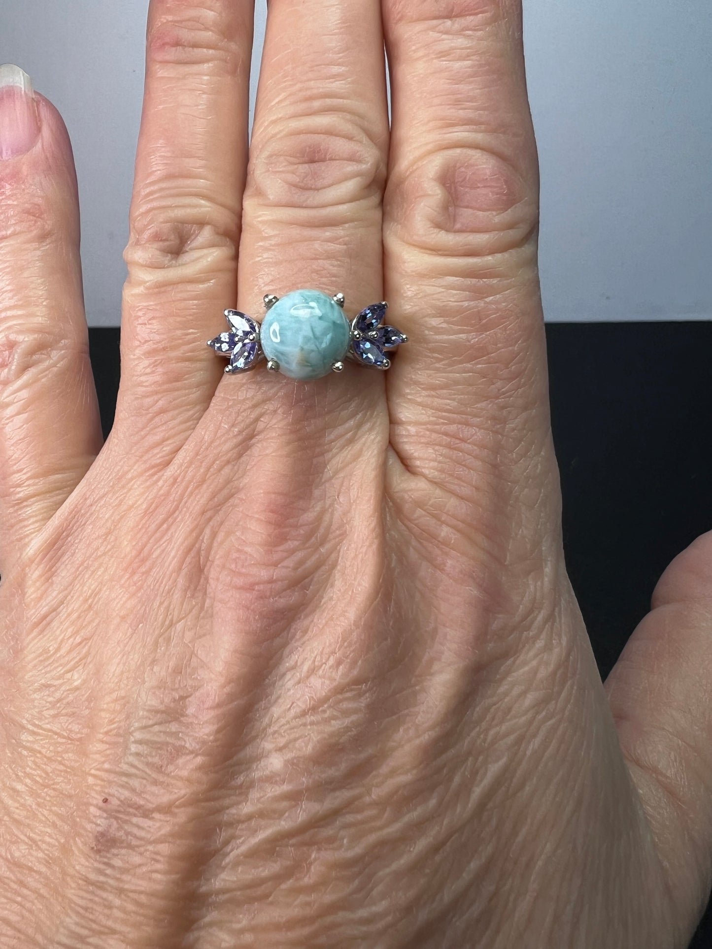 Larimar and tanzanite sterling silver ring size 9