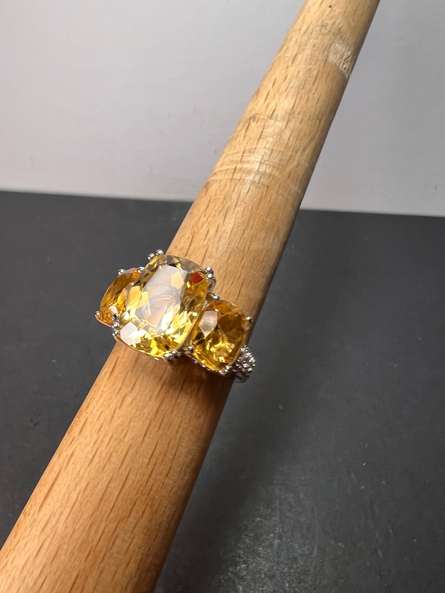 Brand new Brazilian citrine and white zircon 10.20 trilogy ring in platinum over sterling silver size 9