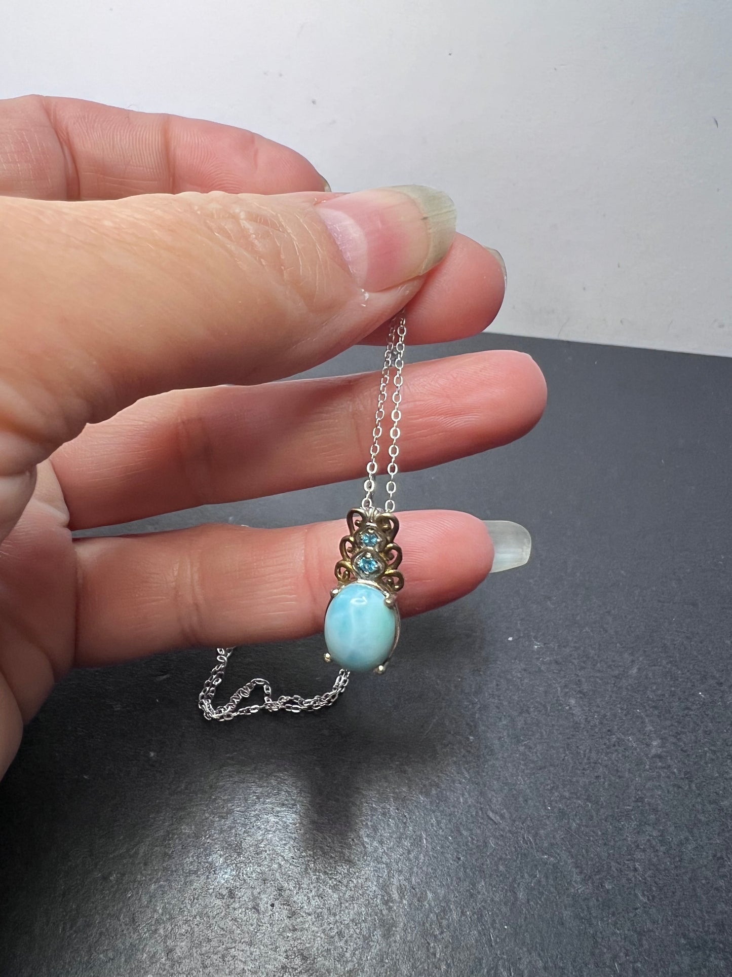 Larimar and neon blue apatite sterling silver pendant and 20 inch chain necklace