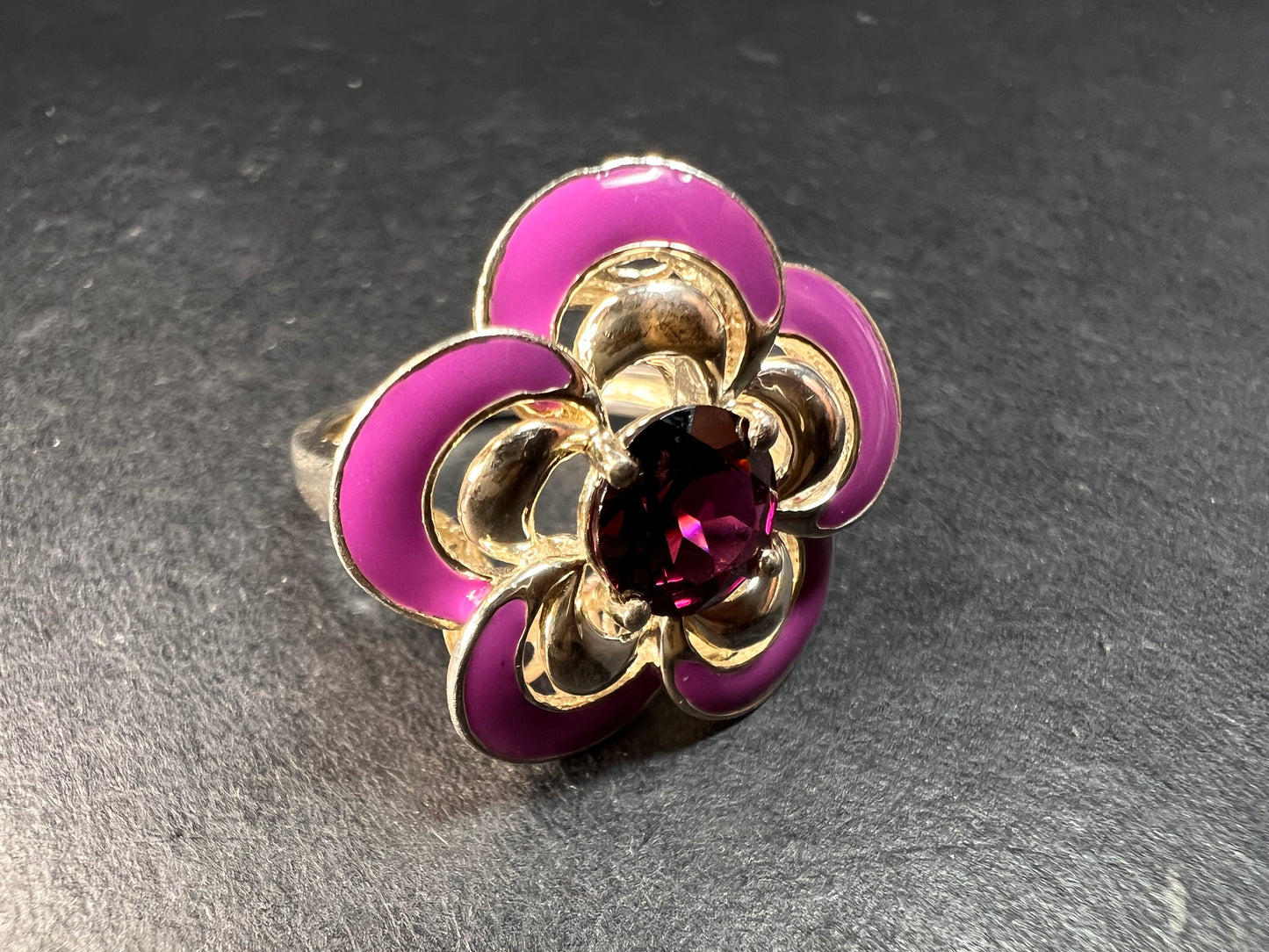 Ross Simons garnet and enamel flower sterling silver ring size 5