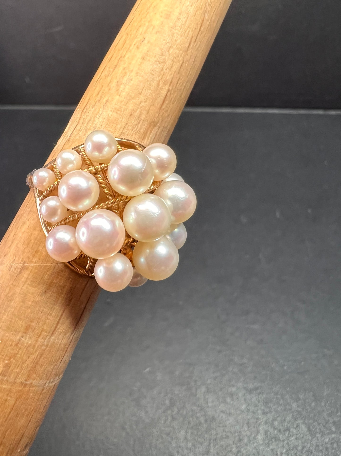 Vintage 14K Gold Cluster Pearl Cocktail Ring – Mid Century Dome Design- size 6