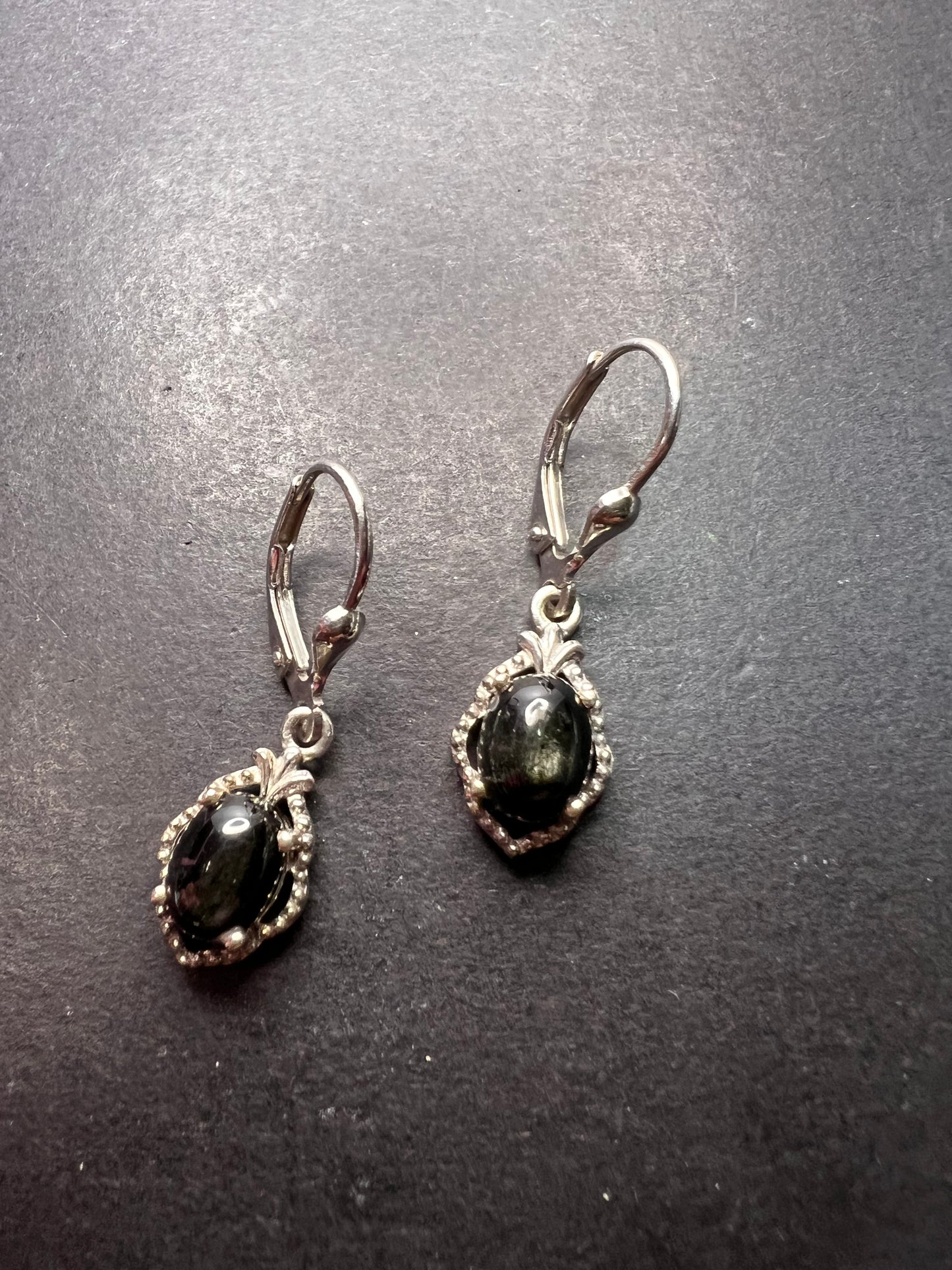 Black star sapphire sterling silver leverback earrings