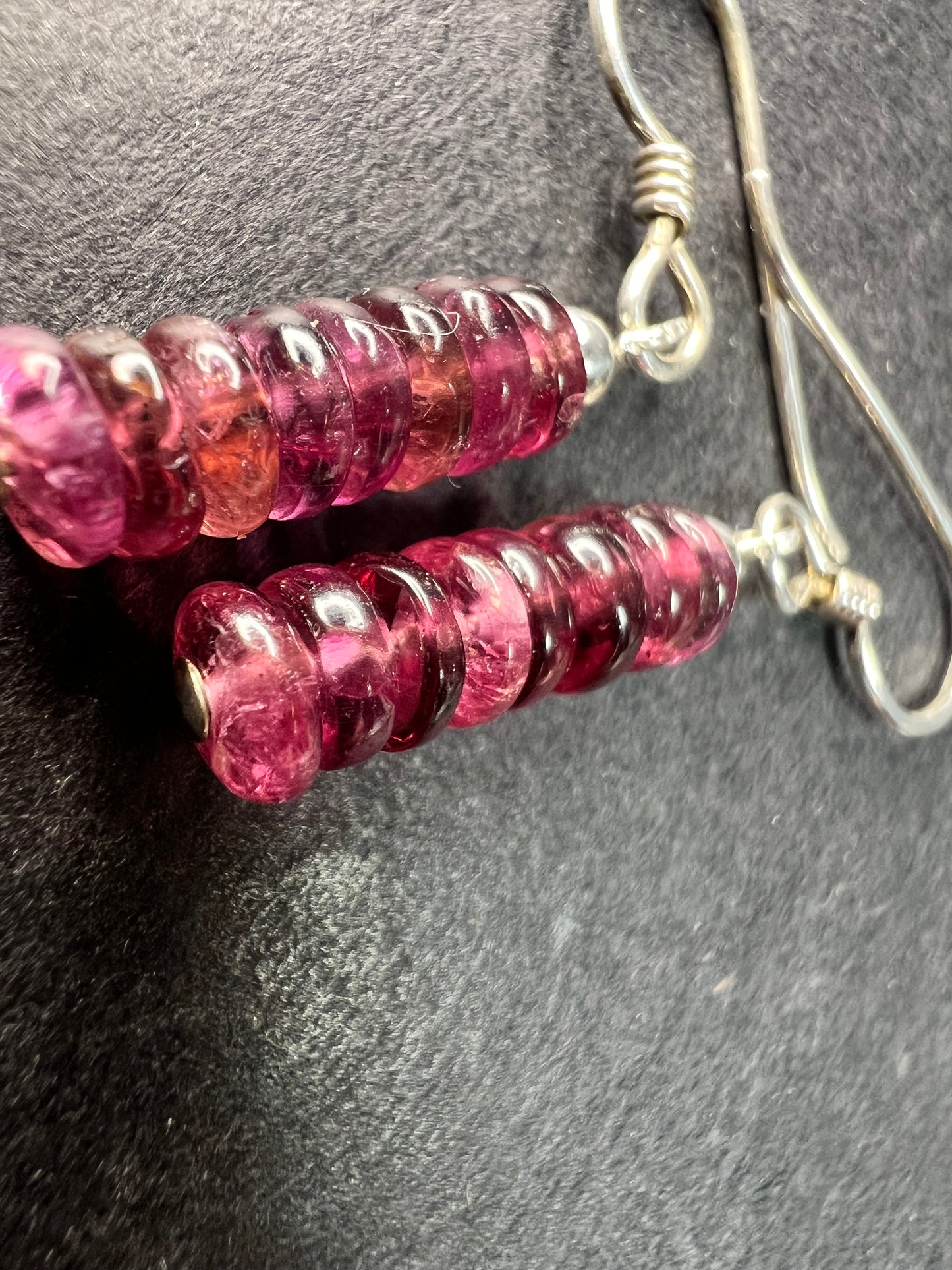 Sterling Silver Pink Rubellite Tourmaline Heishi Drop Earrings