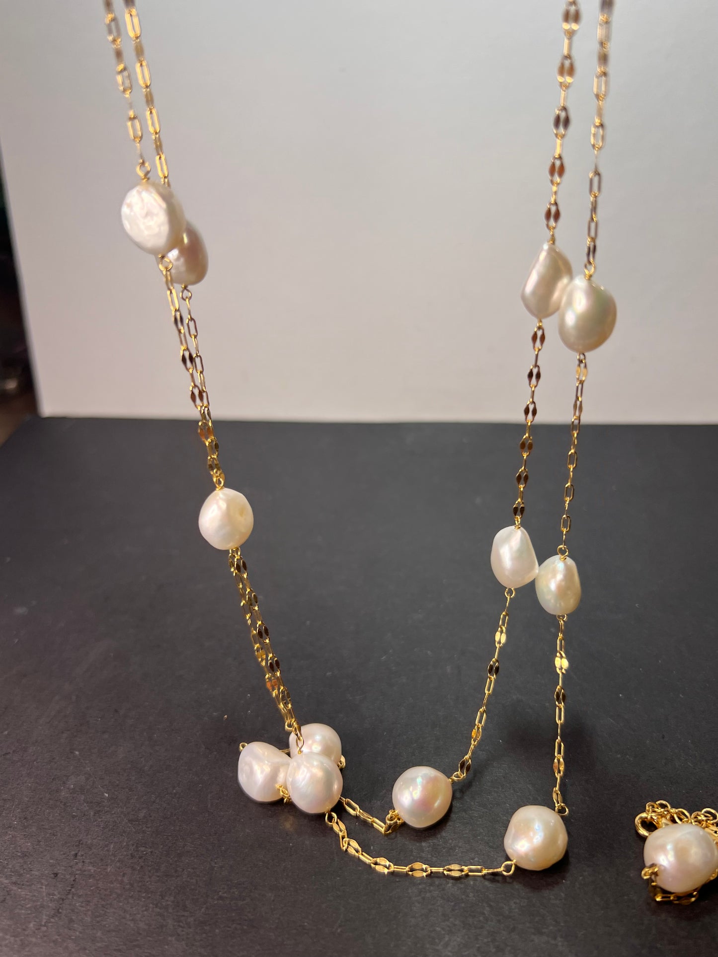 10.5-11mm white cultured freshwater pearl double strand station necklace in 18k yellow gold over sterling silver